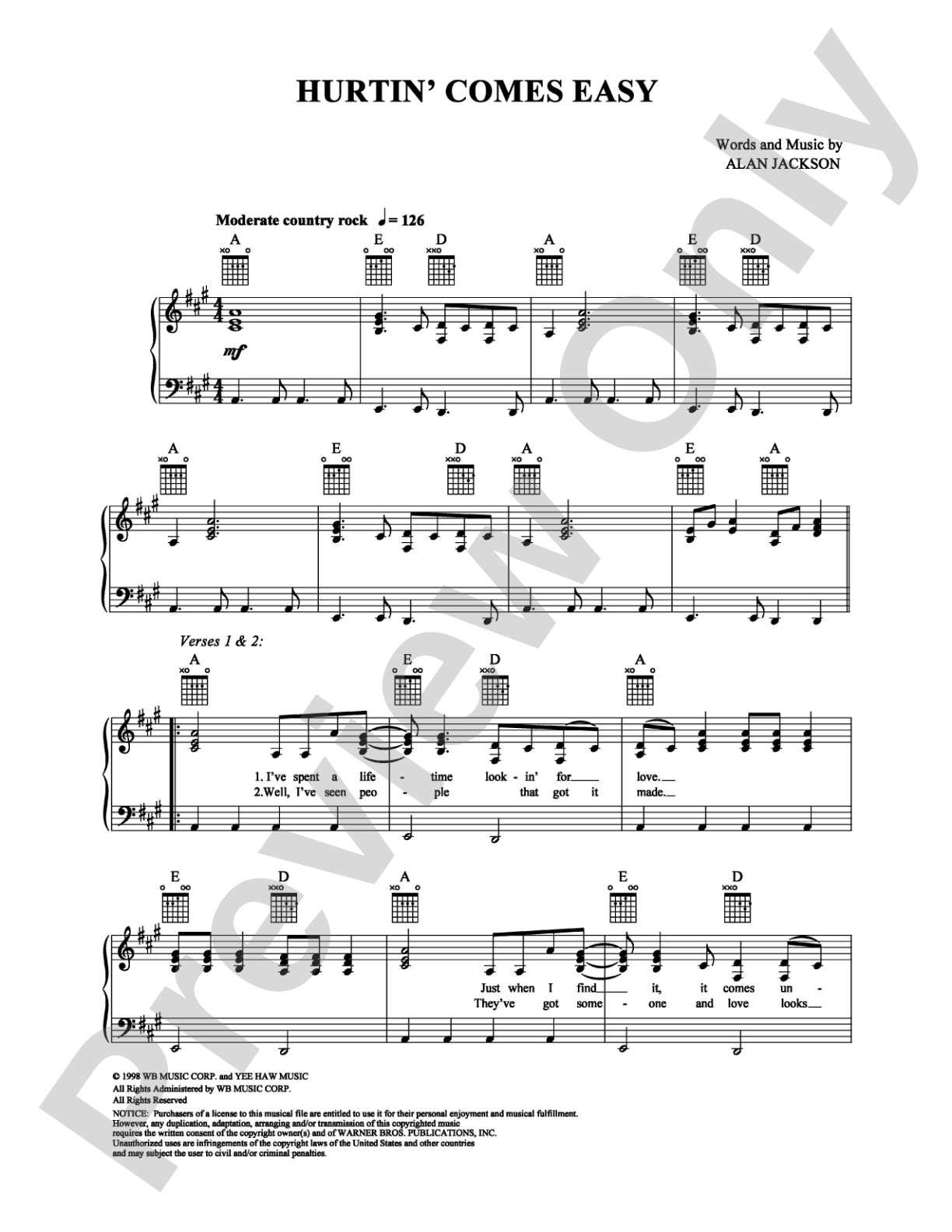 Hurtin' Comes Easy: Piano/Vocal/Chords Digital Sheet Music