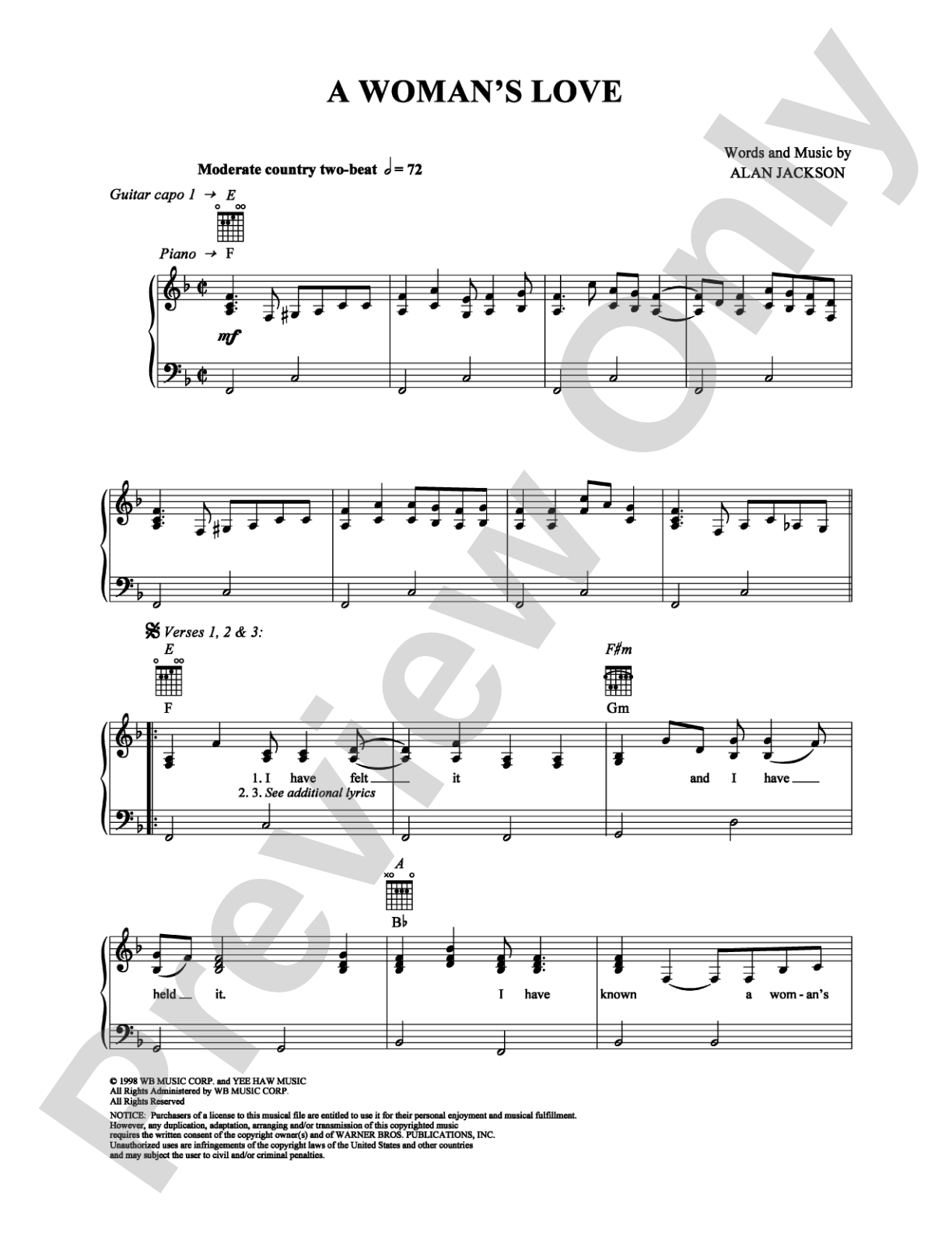 A Woman's Love: Piano/Vocal/Chords Digital Sheet Music