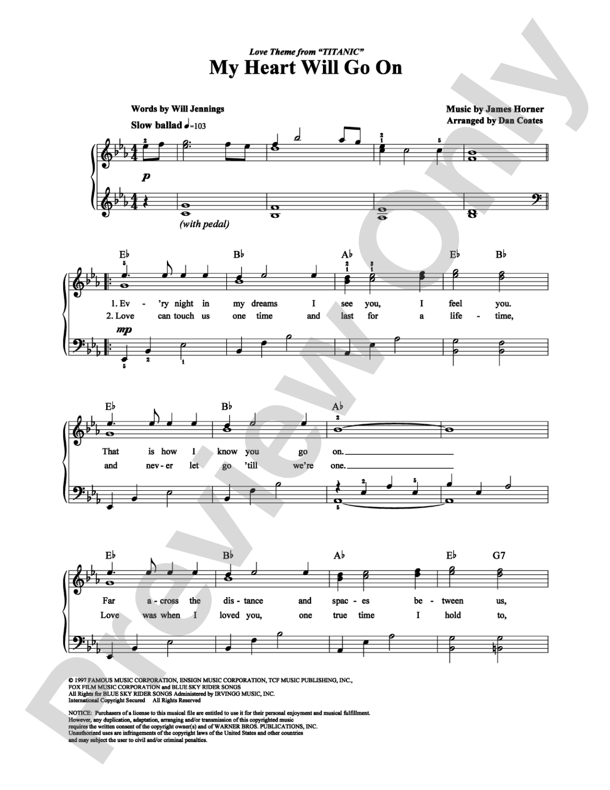 My Heart Will Go On (Love Theme from "Titanic"): Easy Piano Digital Sheet Music