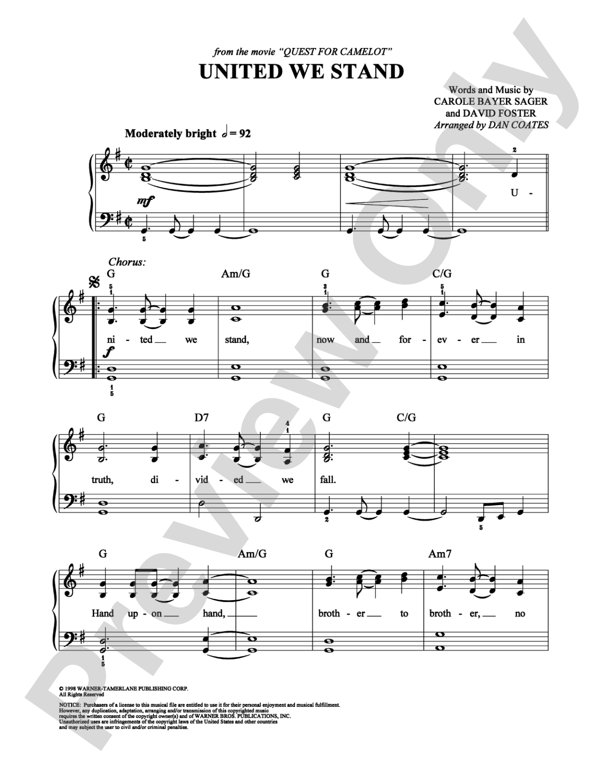 United We Stand: Easy Piano Digital Sheet Music