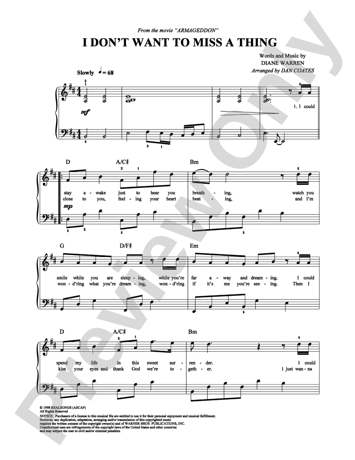 I Don't Want To Miss a Thing: Easy Piano Digital Sheet Music