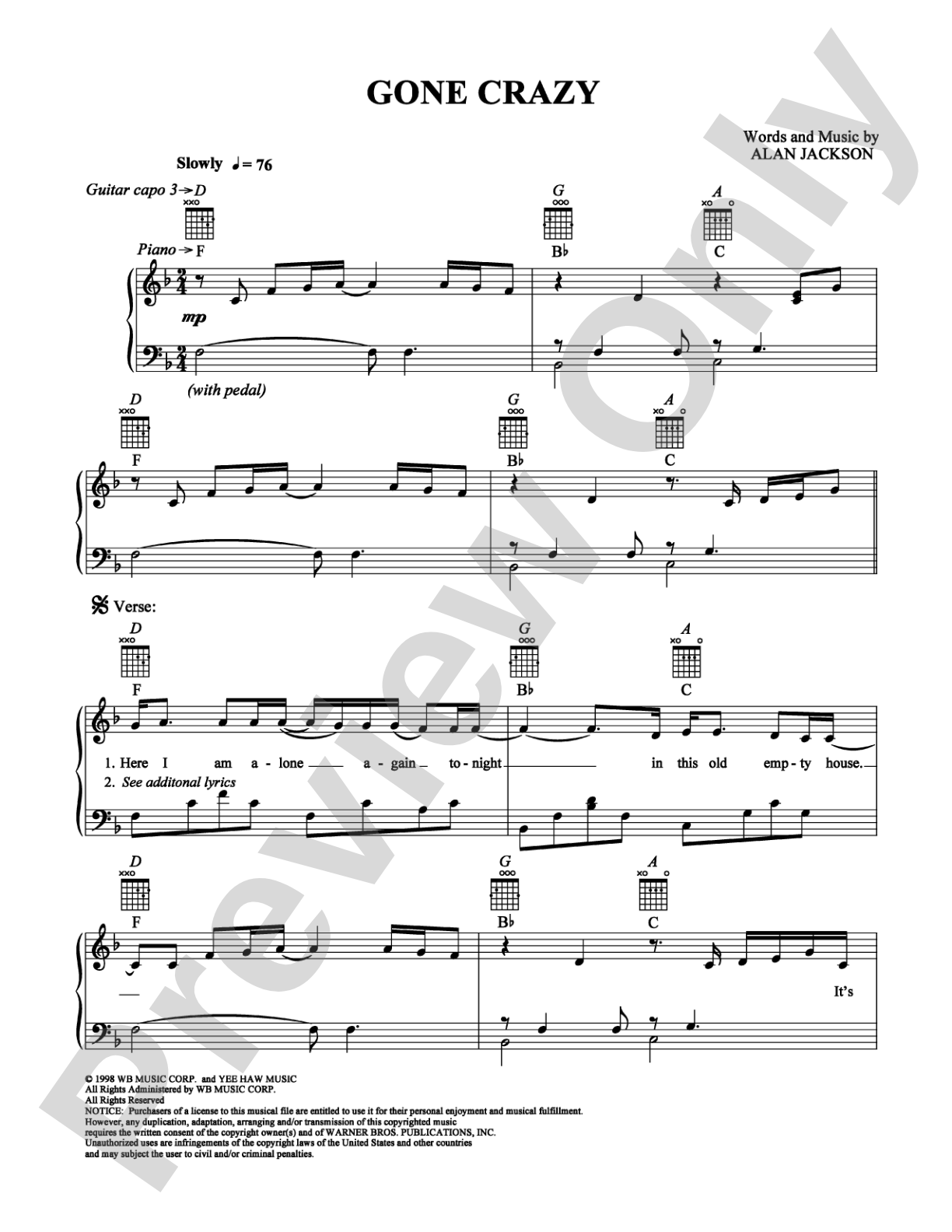 Gone Crazy: Piano/Vocal/Chords Digital Sheet Music
