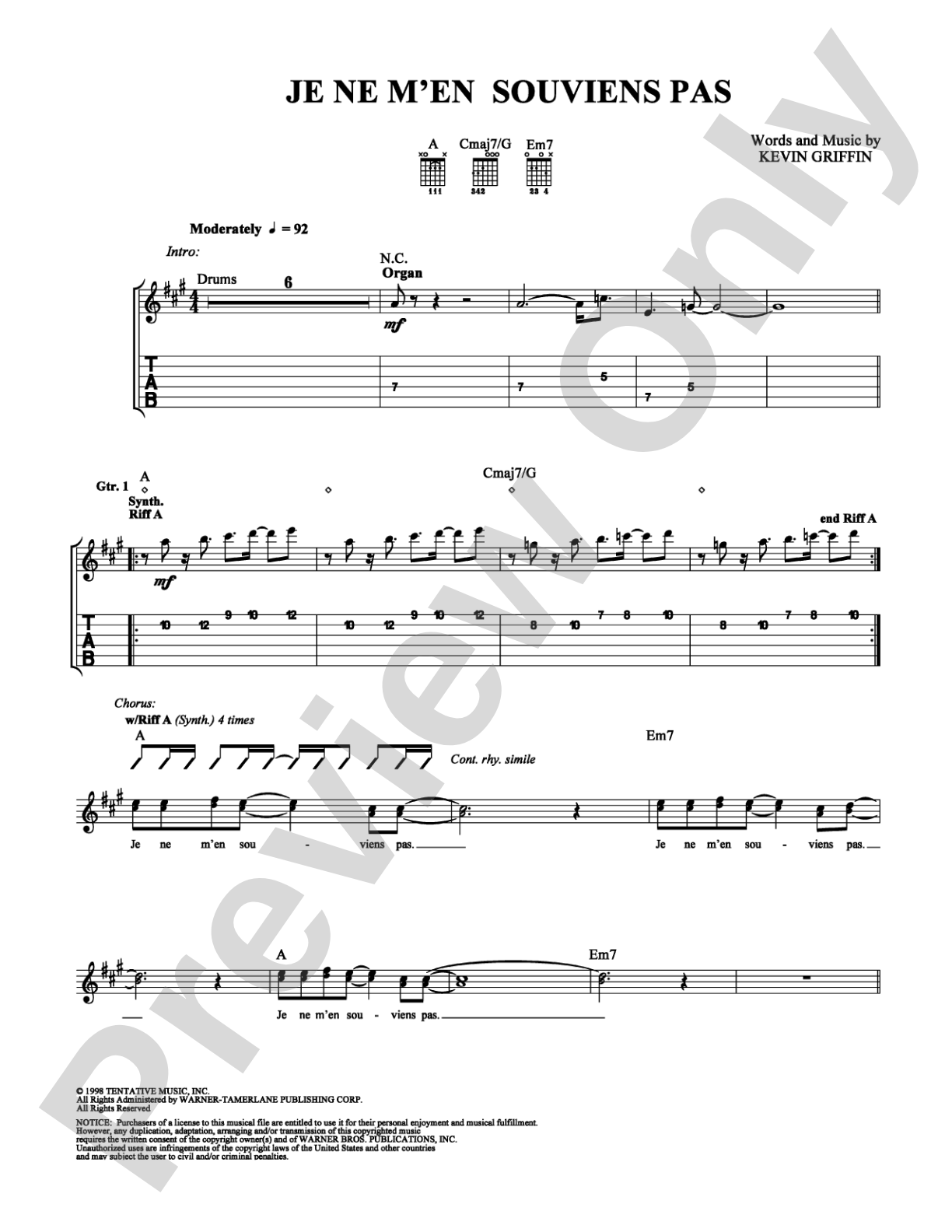 Je ne m'en souviens pas: Guitar TAB Digital Sheet Music
