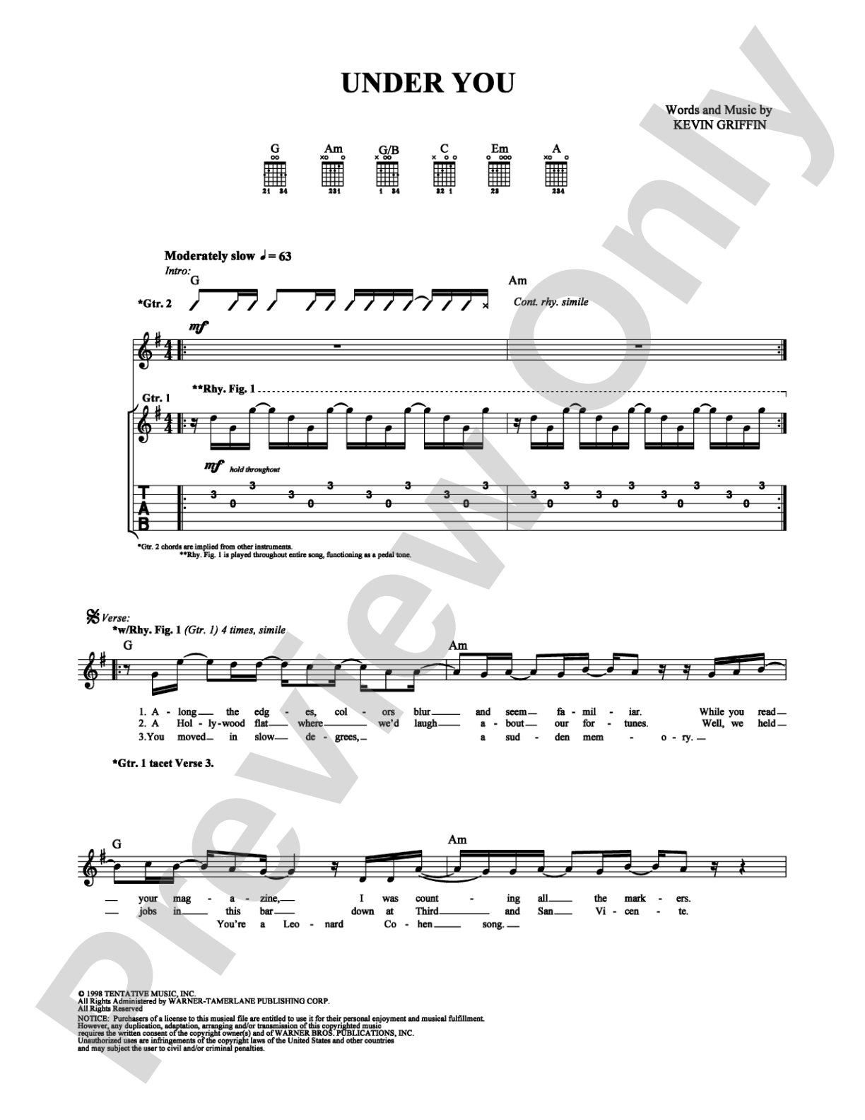 Under You: Guitar TAB Digital Sheet Music