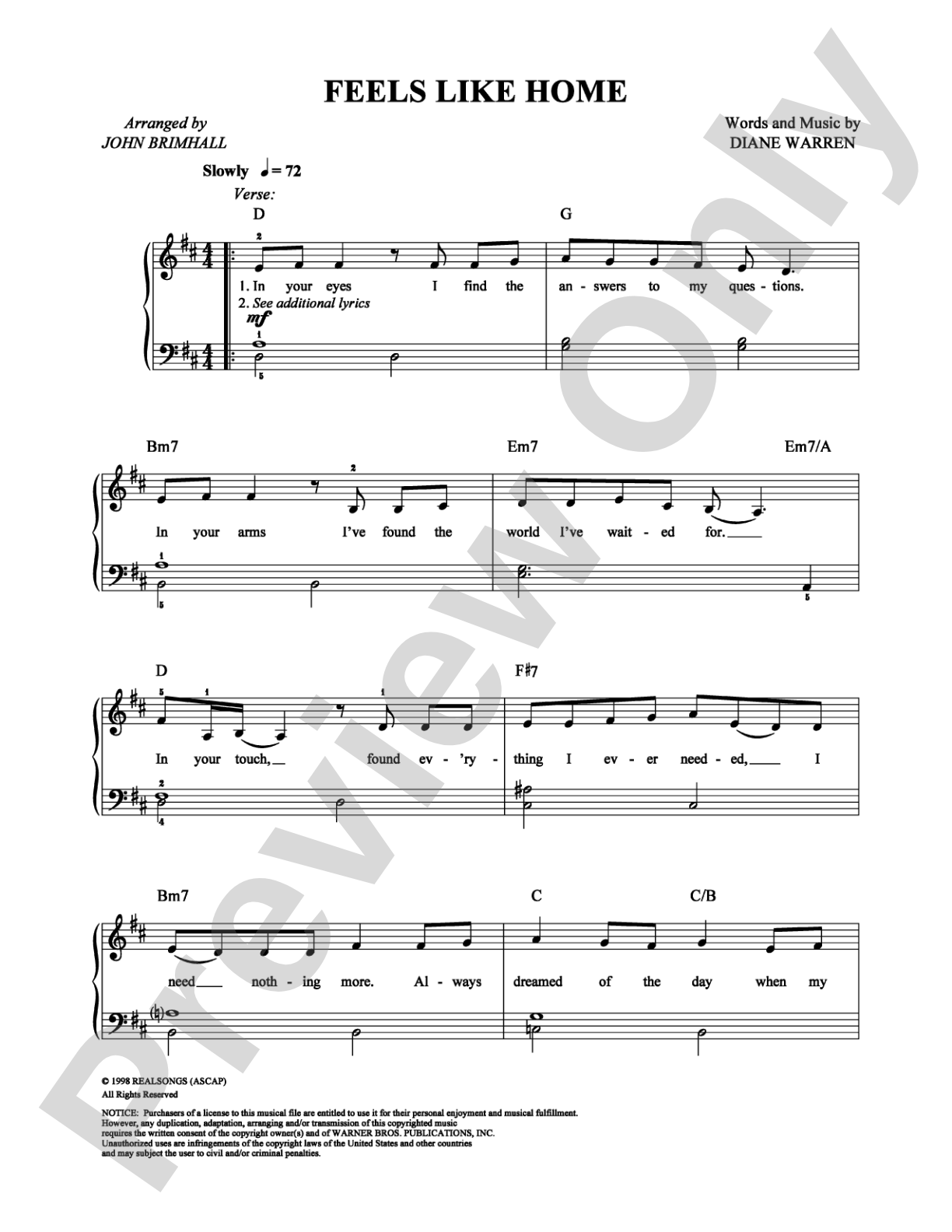 Feels Like Home: Easy Piano Digital Sheet Music