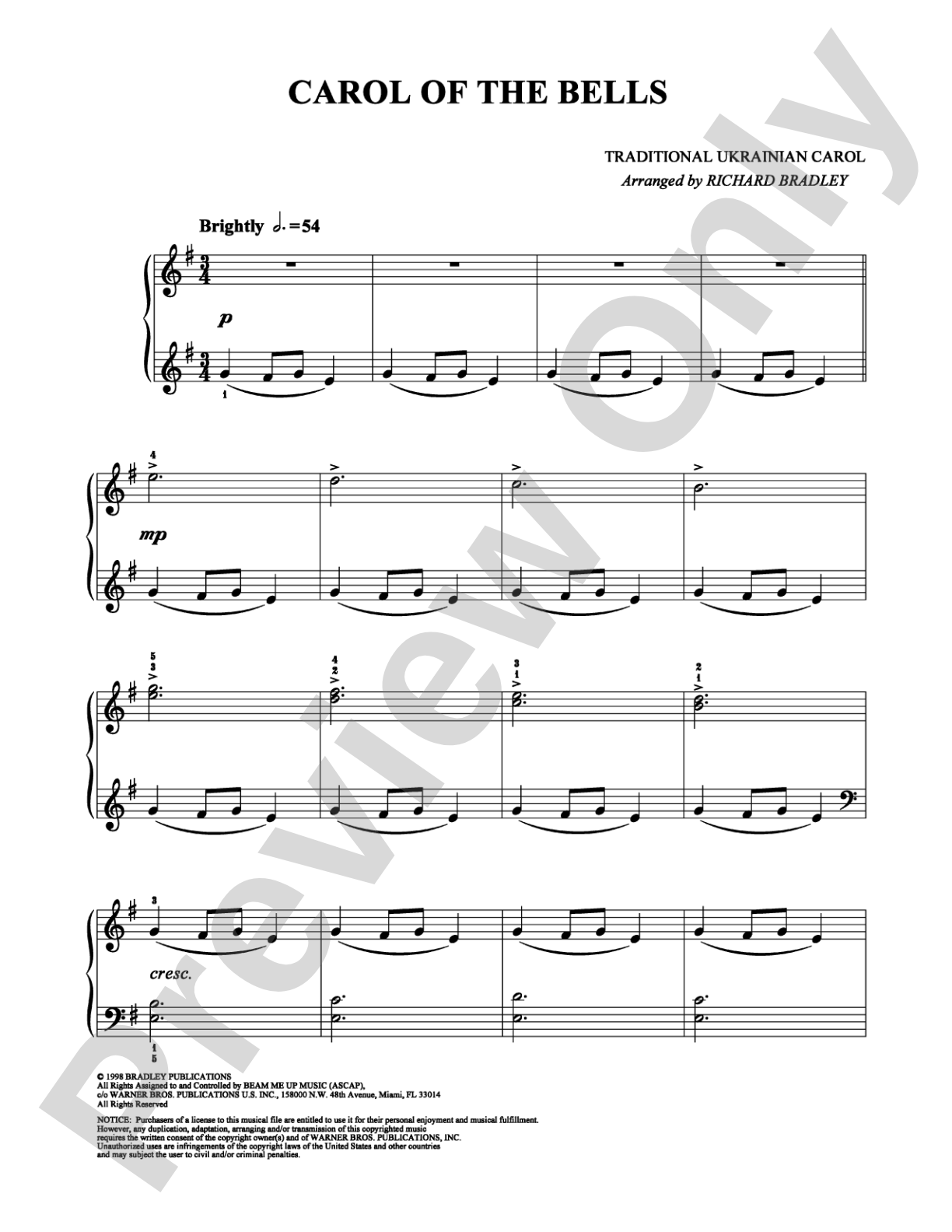 Carol of the Bells: Easy Piano Digital Sheet Music