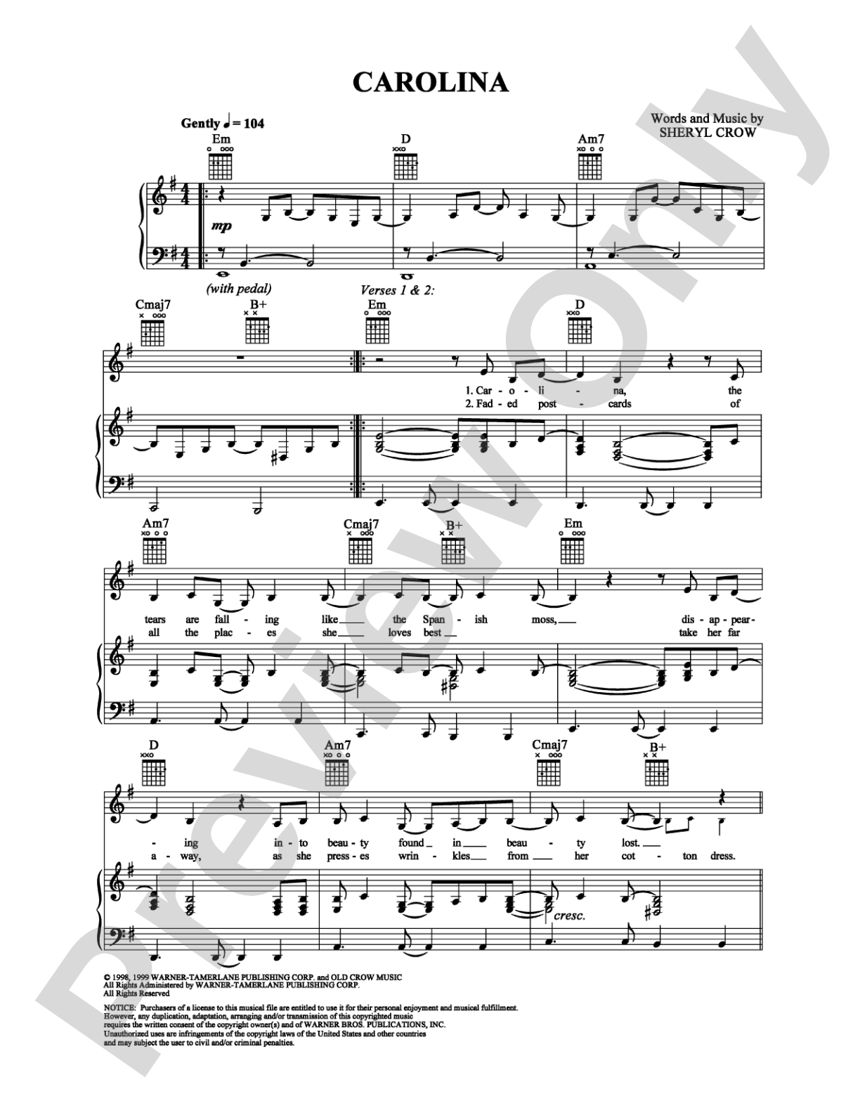 Carolina: Piano/Vocal/Chords Digital Sheet Music