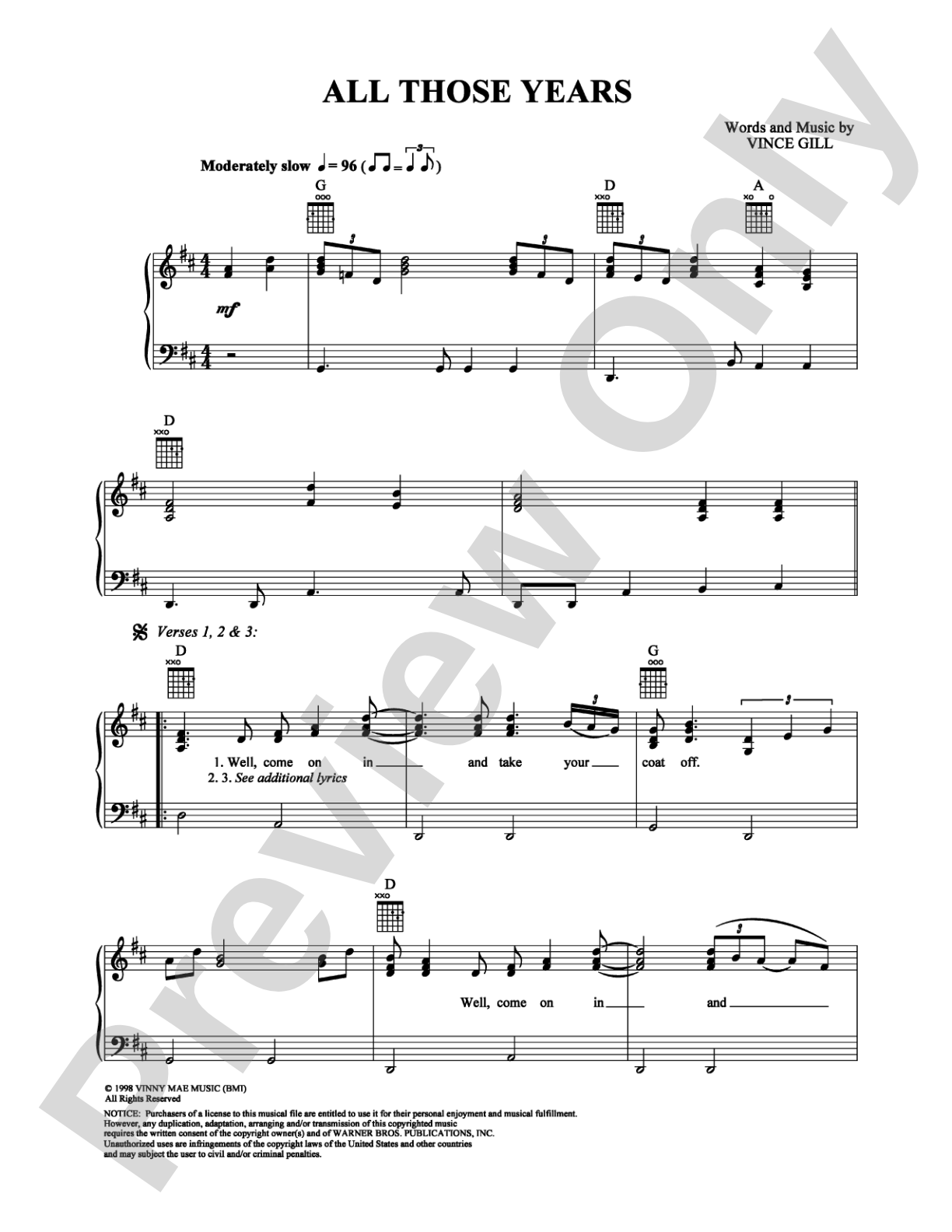 All Those Years: Piano/Vocal/Chords Digital Sheet Music
