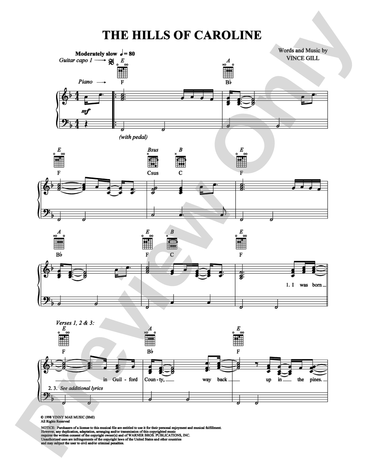 The Hills of Caroline: Piano/Vocal/Chords Digital Sheet Music
