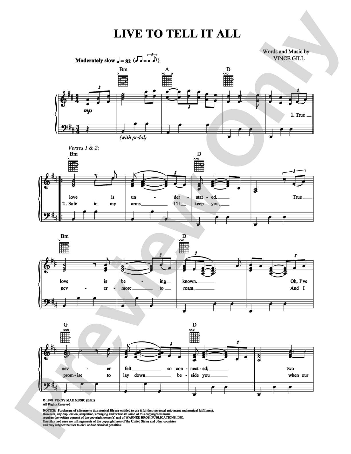 Live To Tell It All: Piano/Vocal/Chords Digital Sheet Music
