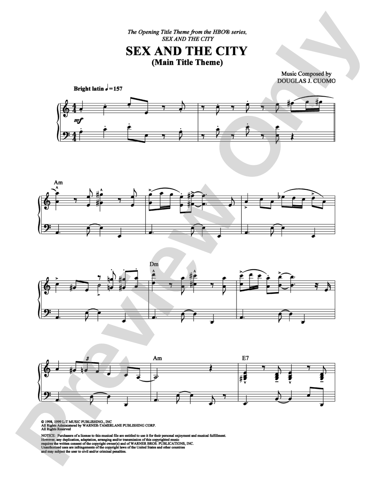 Sex and the City (Main Title Theme): Piano Digital Sheet Music