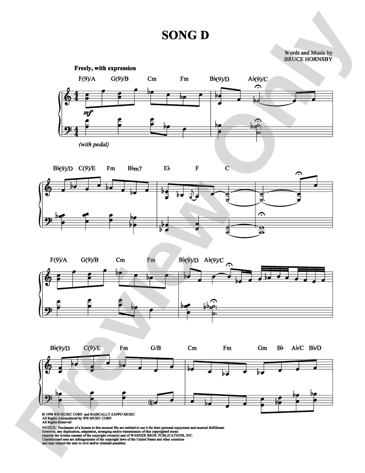 Song D: Piano Digital Sheet Music