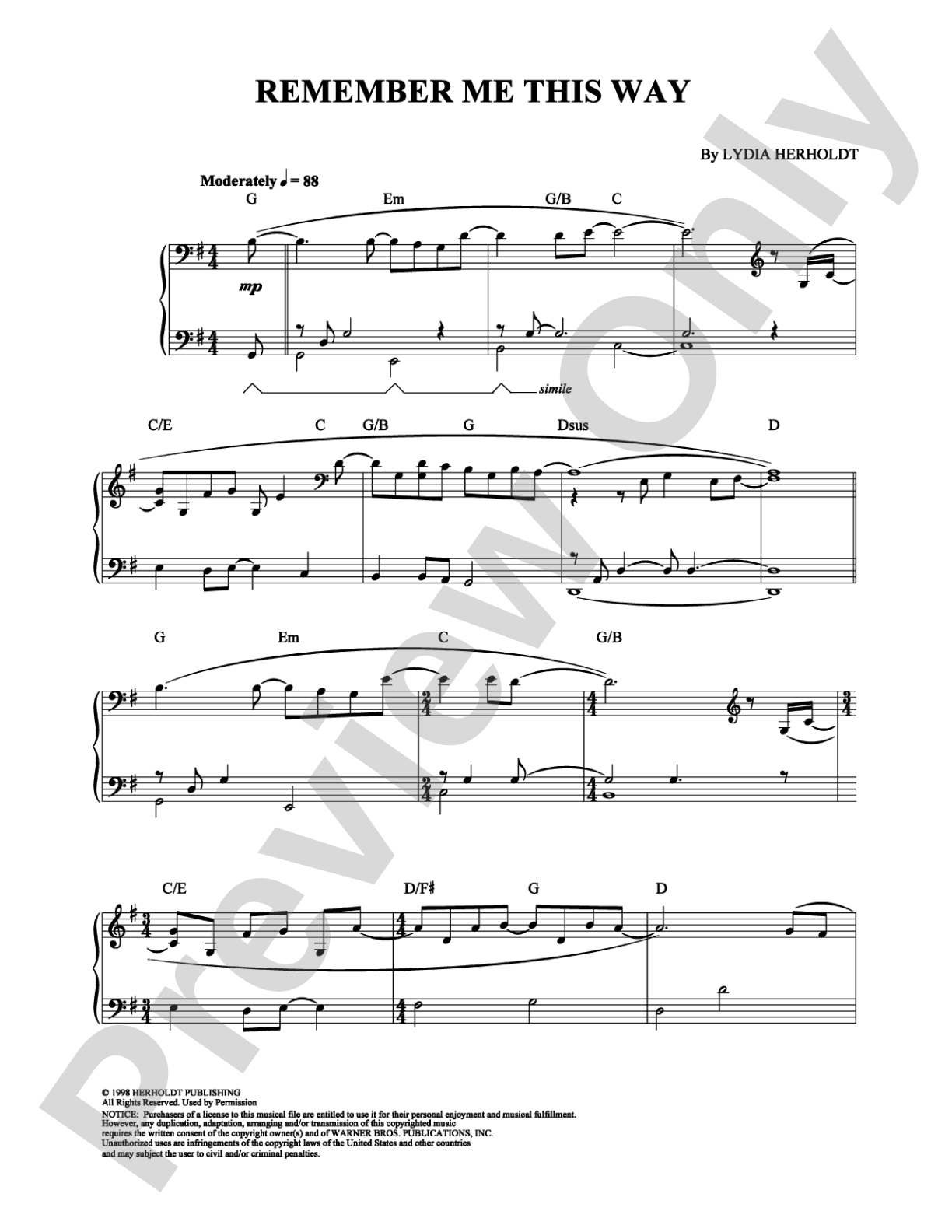 Remember Me This Way: Piano Digital Sheet Music