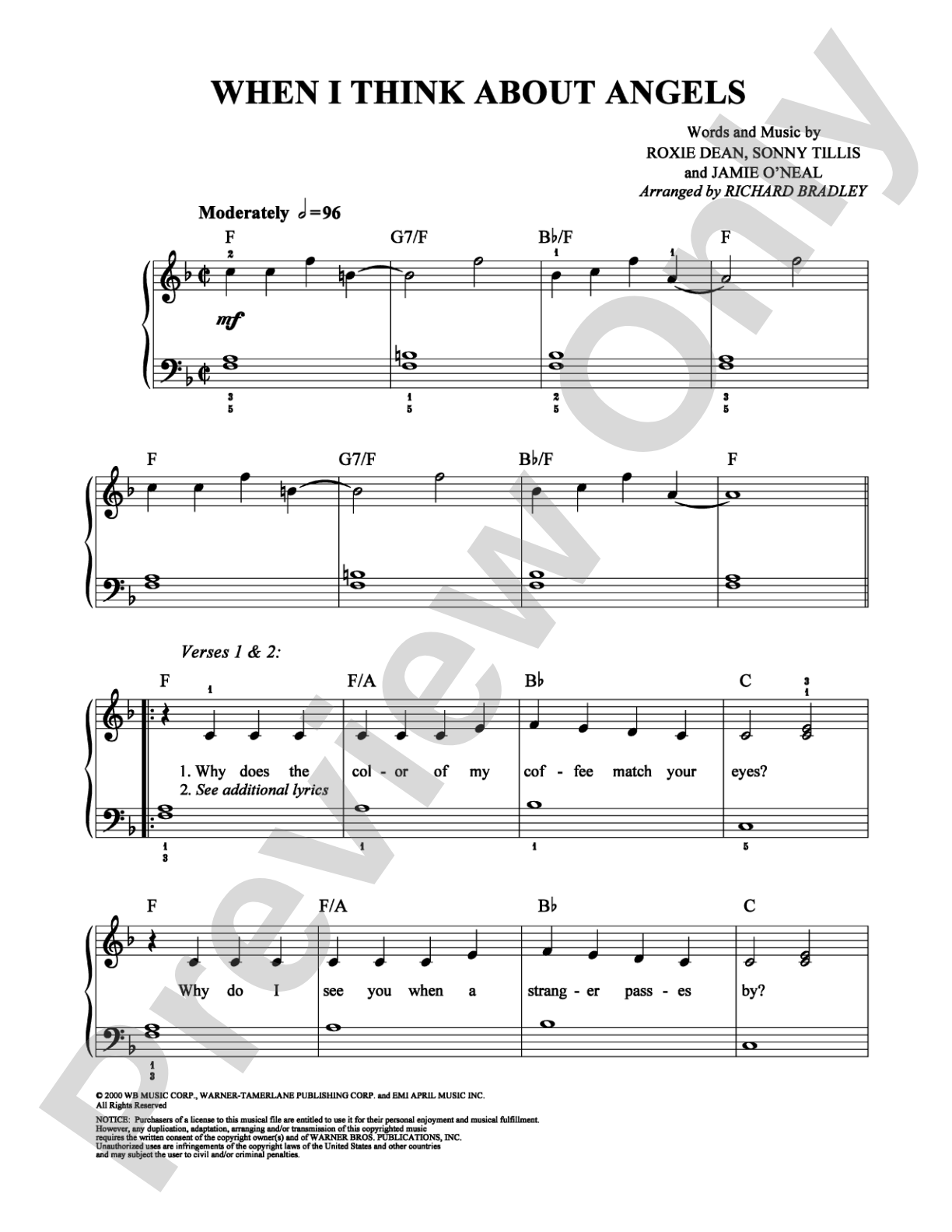 When I Think About Angels: Easy Piano Digital Sheet Music