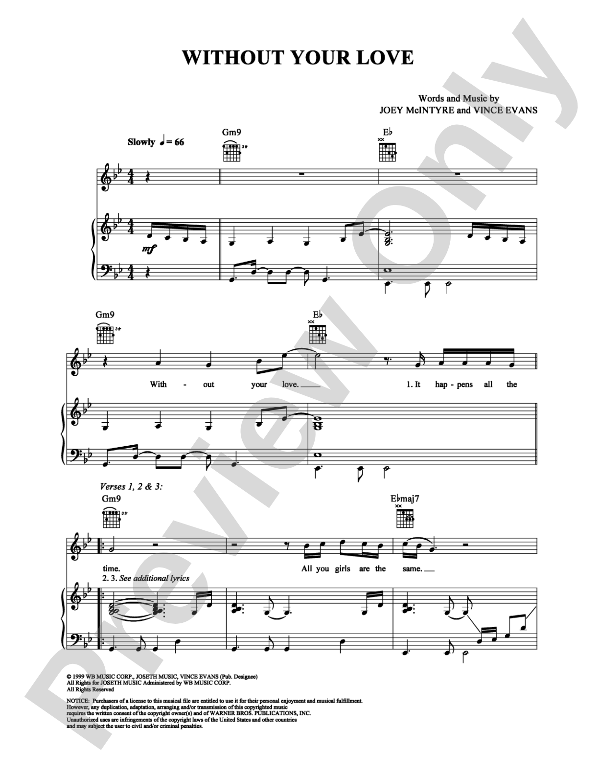 Without Your Love: Piano/Vocal/Chords Digital Sheet Music