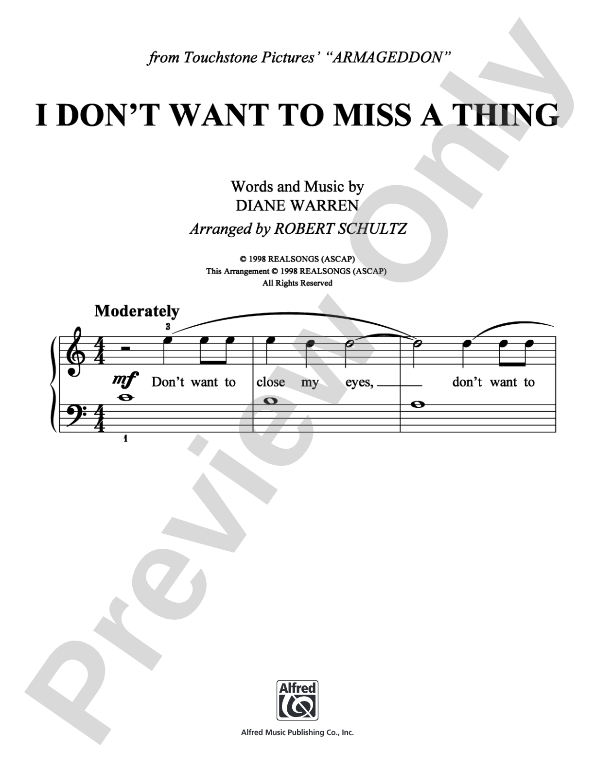 I Don't Want To Miss a Thing: Easy Piano Digital Sheet Music