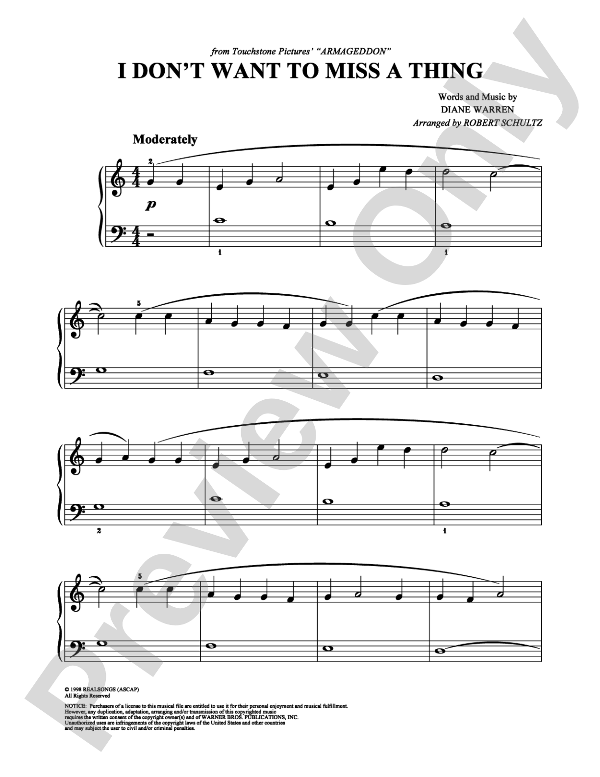 I Don't Want To Miss a Thing: Easy Piano Digital Sheet Music