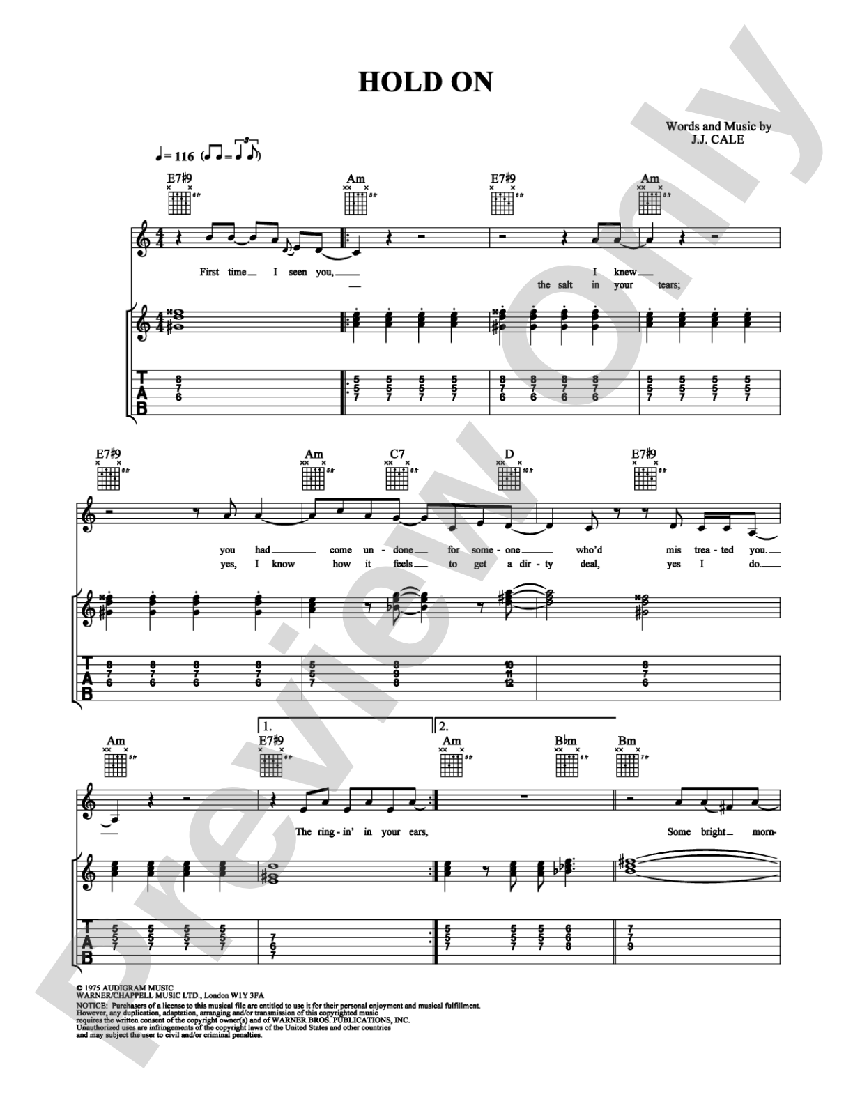 Hold On: Guitar TAB Digital Sheet Music
