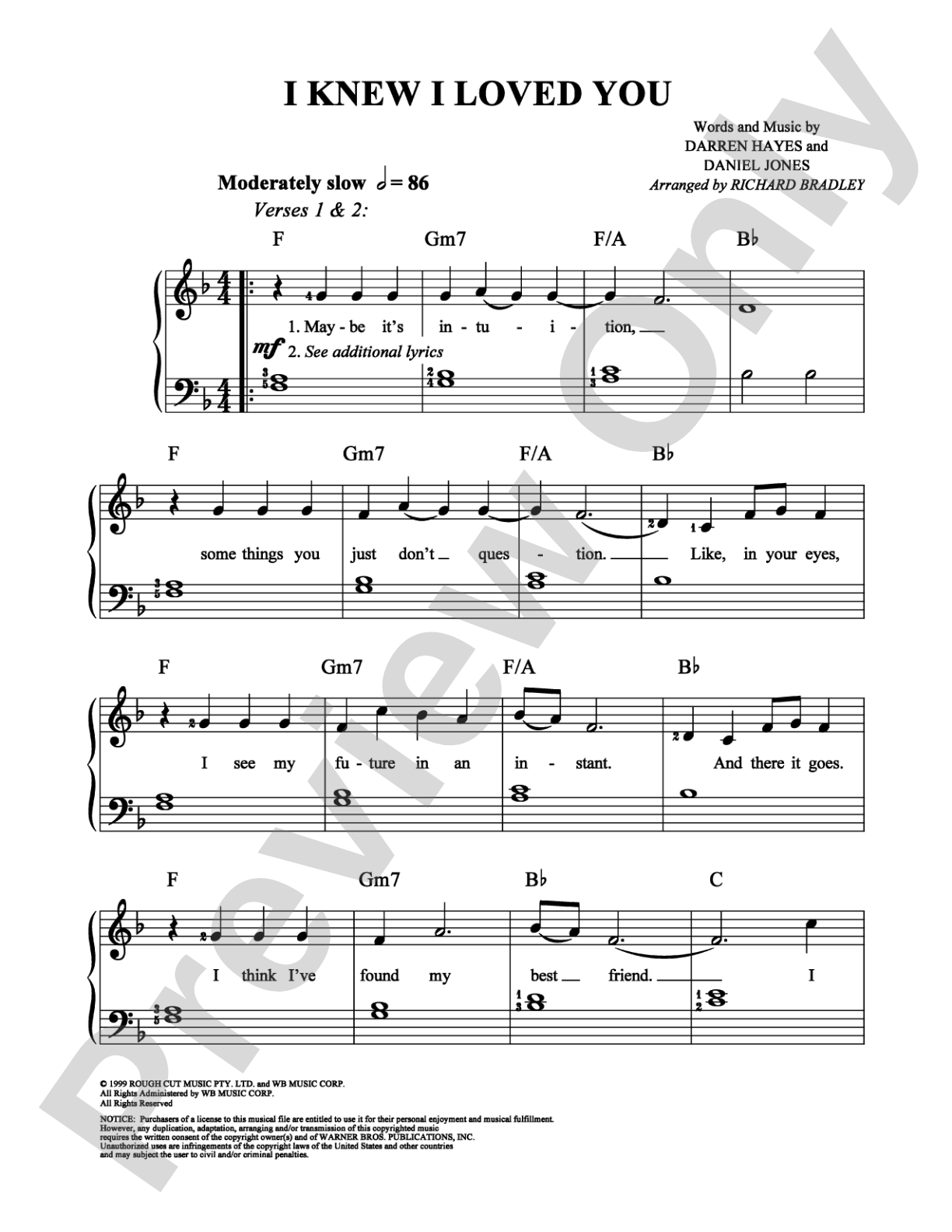 I Knew I Loved You: Easy Piano Digital Sheet Music