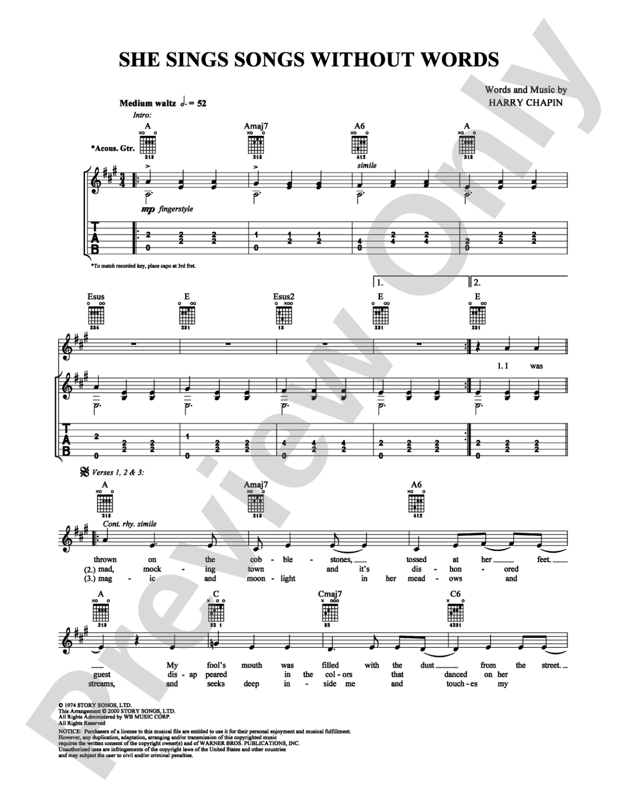 She Sings Songs without Words: Guitar TAB Digital Sheet Music