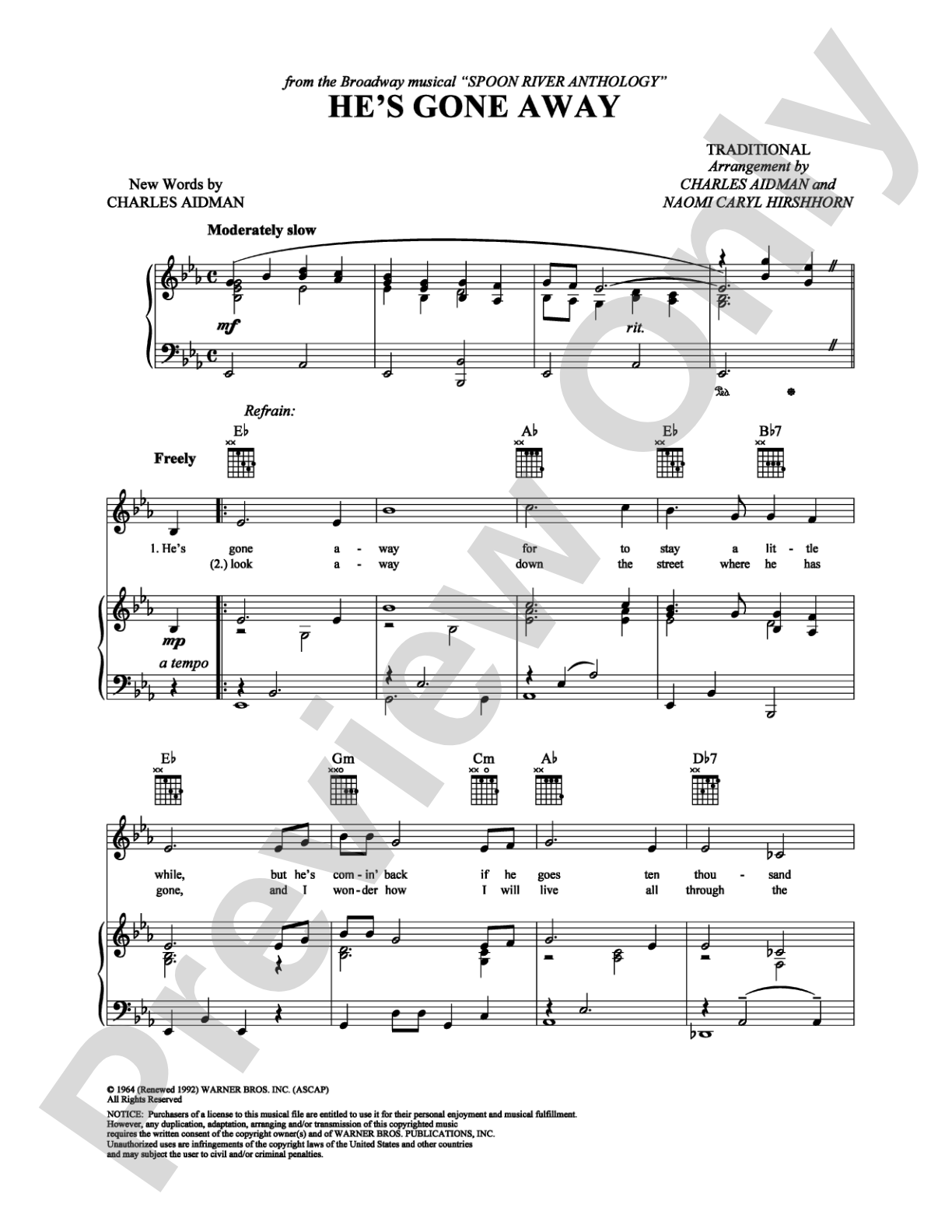 He's Gone Away: Piano/Vocal/Chords Digital Sheet Music