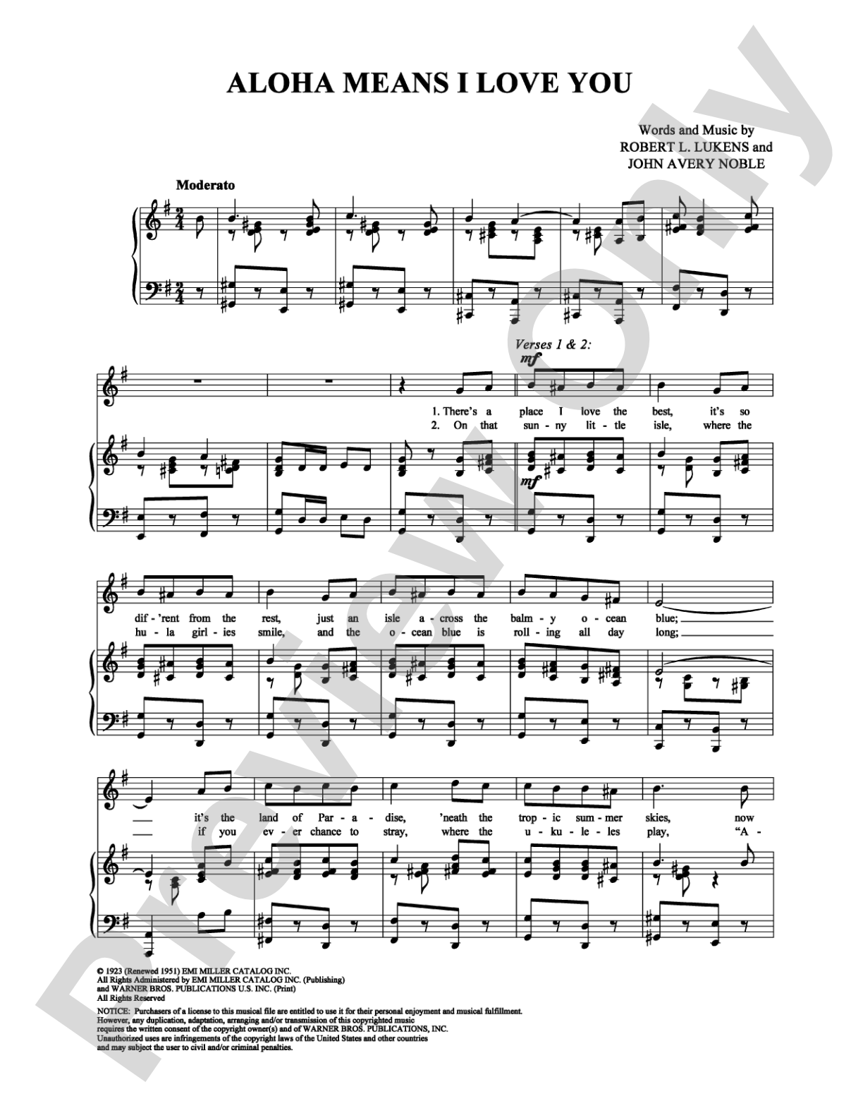Aloha Means I Love You: Piano/Vocal/Chords Digital Sheet Music