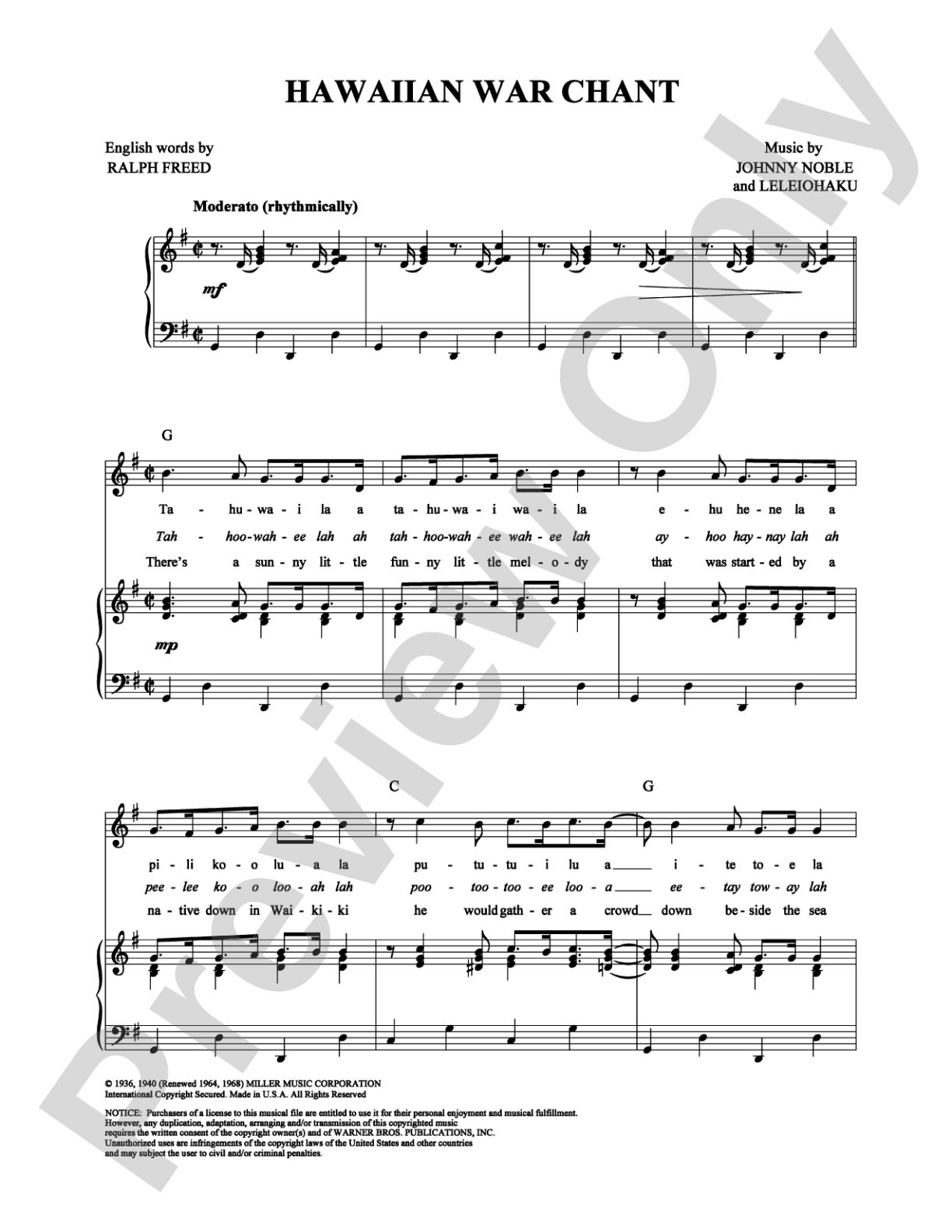 Hawaiian War Chant: Piano/Vocal/Chords Digital Sheet Music
