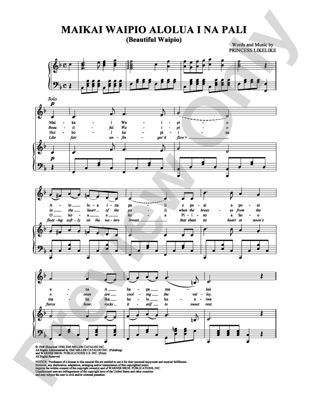 Maikai Waipio Alolua I Na Pali (Beautiful Waipio): Piano/Vocal/Chords Digital Sheet Music