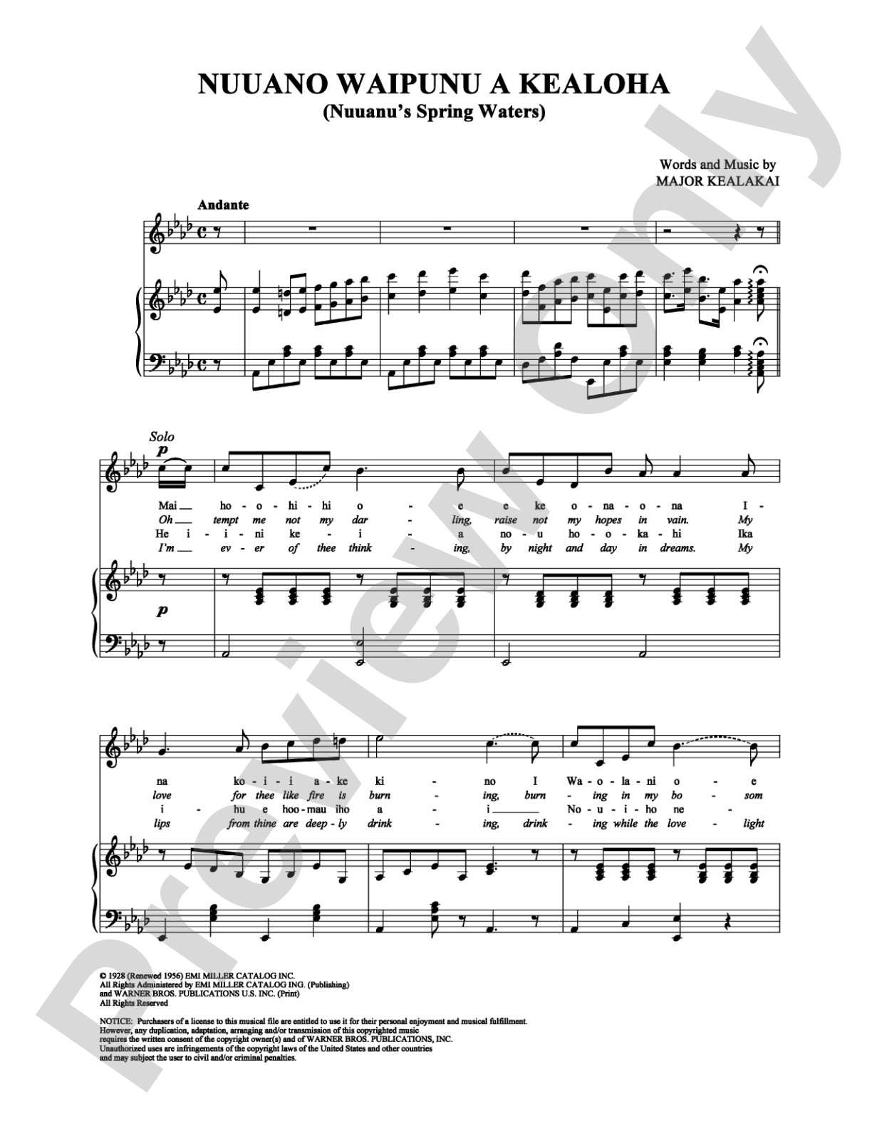 Nuuano Waipunu A Kealoha (Nuuanu's Spring Waters): Piano/Vocal/Chords Digital Sheet Music