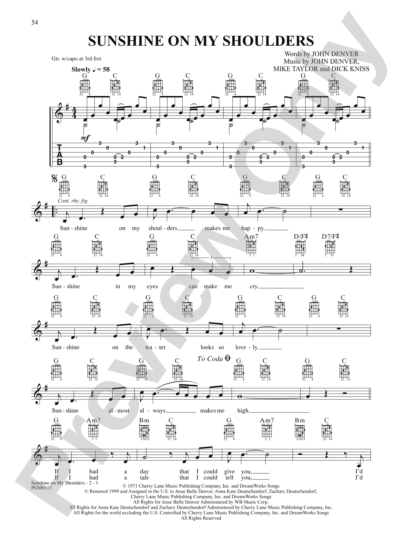 Sunshine on My Shoulders: Interm./Easy Guitar TAB