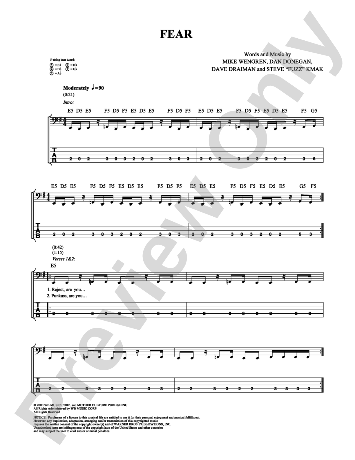 Fear: Bass TAB Digital Sheet Music