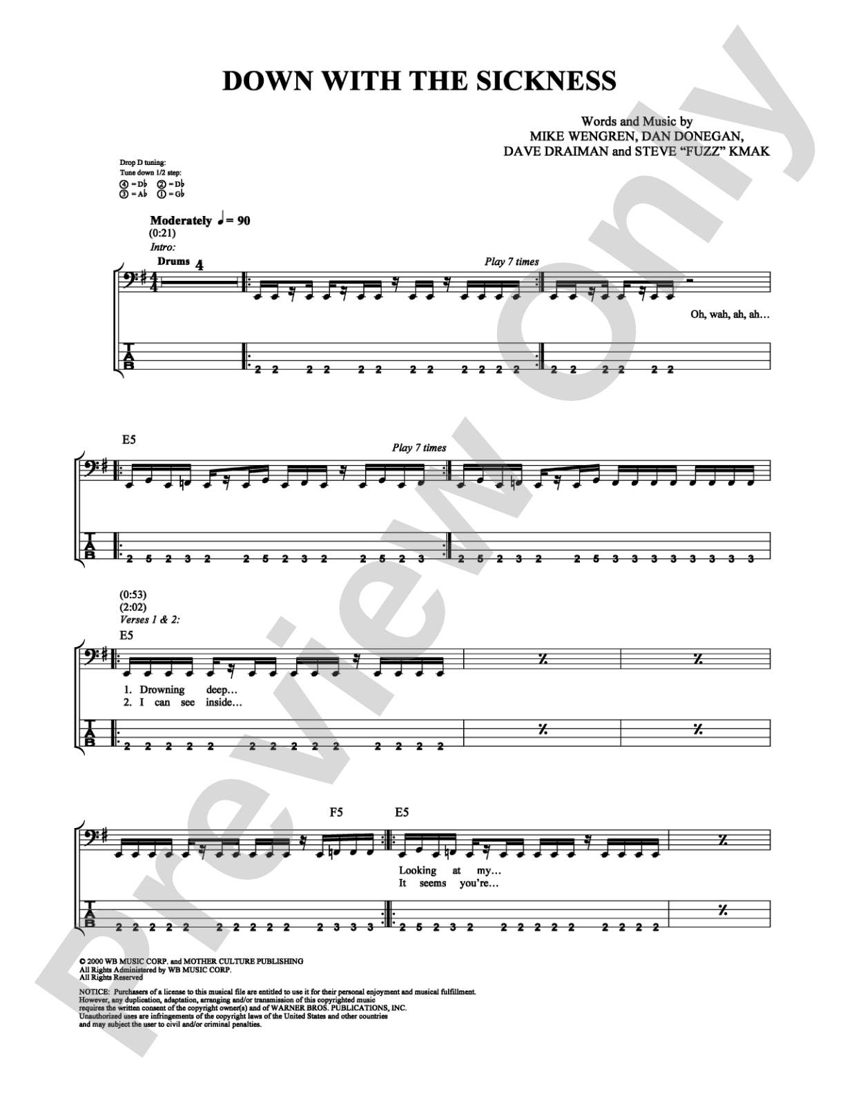 Down With the Sickness: Bass TAB Digital Sheet Music