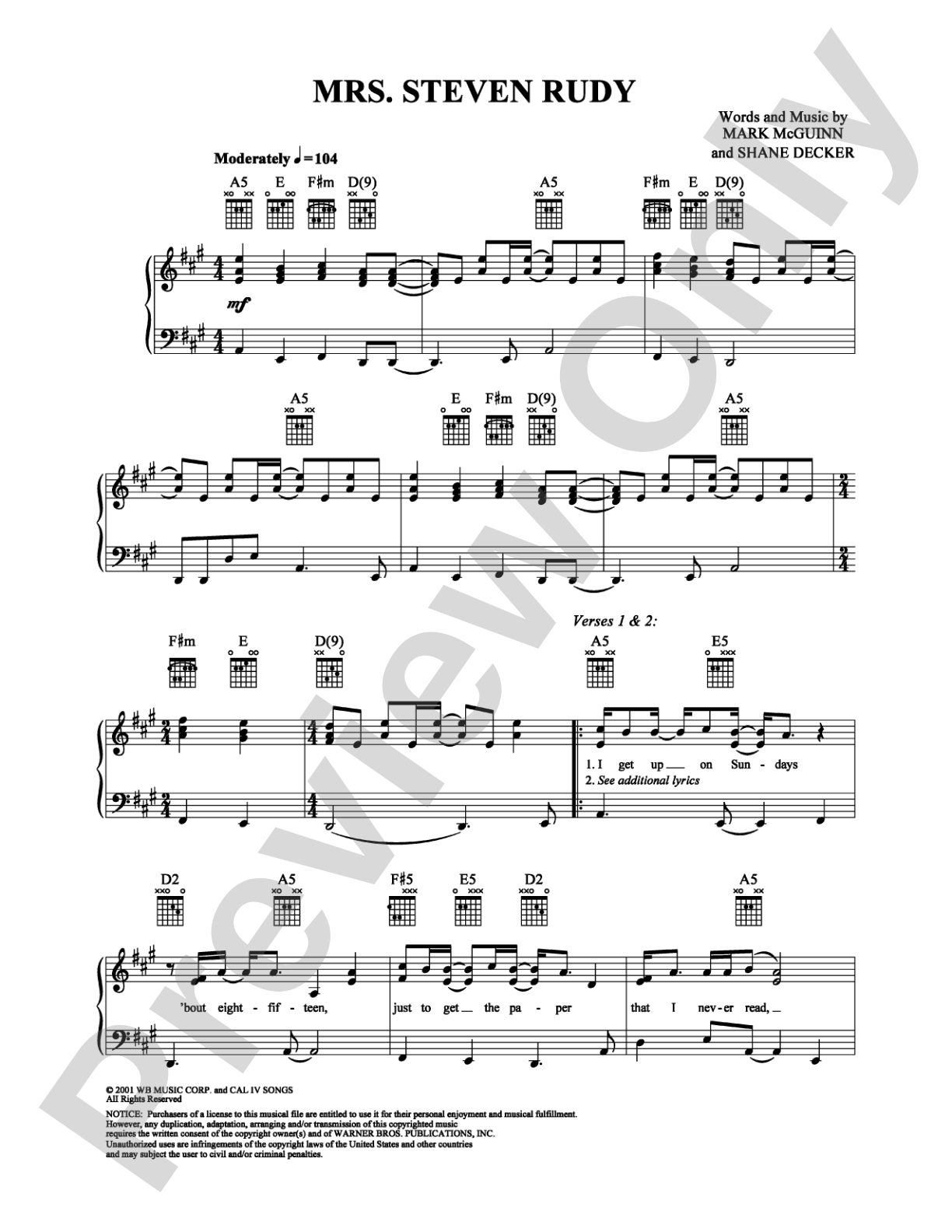 Mrs. Steven Rudy: Piano/Vocal/Chords Digital Sheet Music