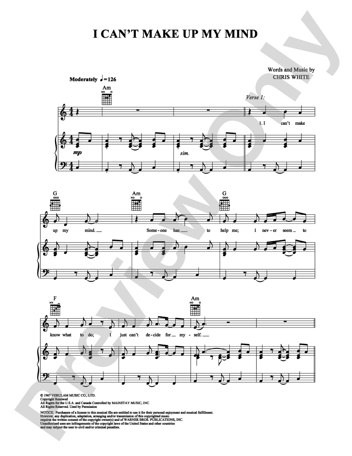 I Can't Make Up My Mind: Piano/Vocal/Chords Digital Sheet Music