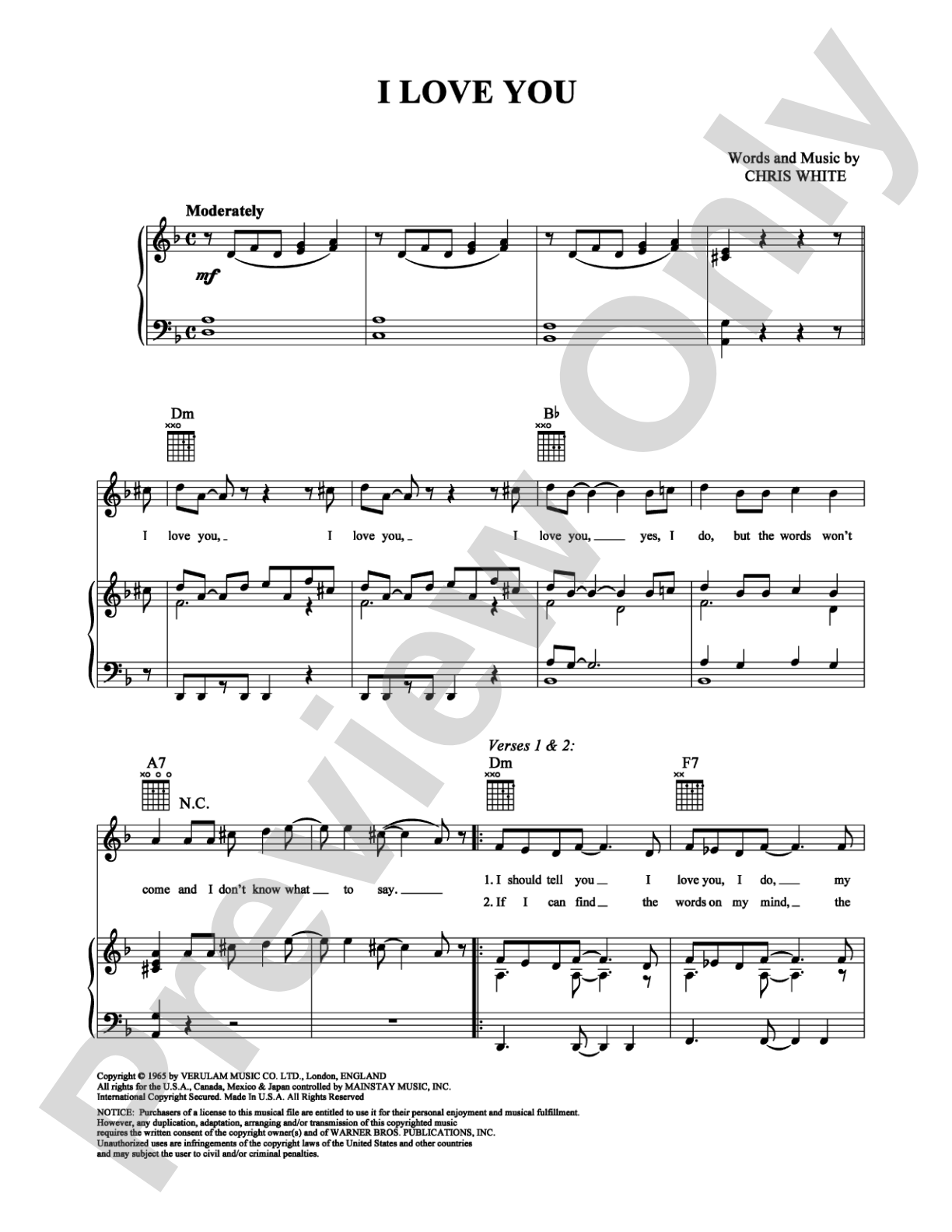 I Love You: Piano/Vocal/Chords Digital Sheet Music