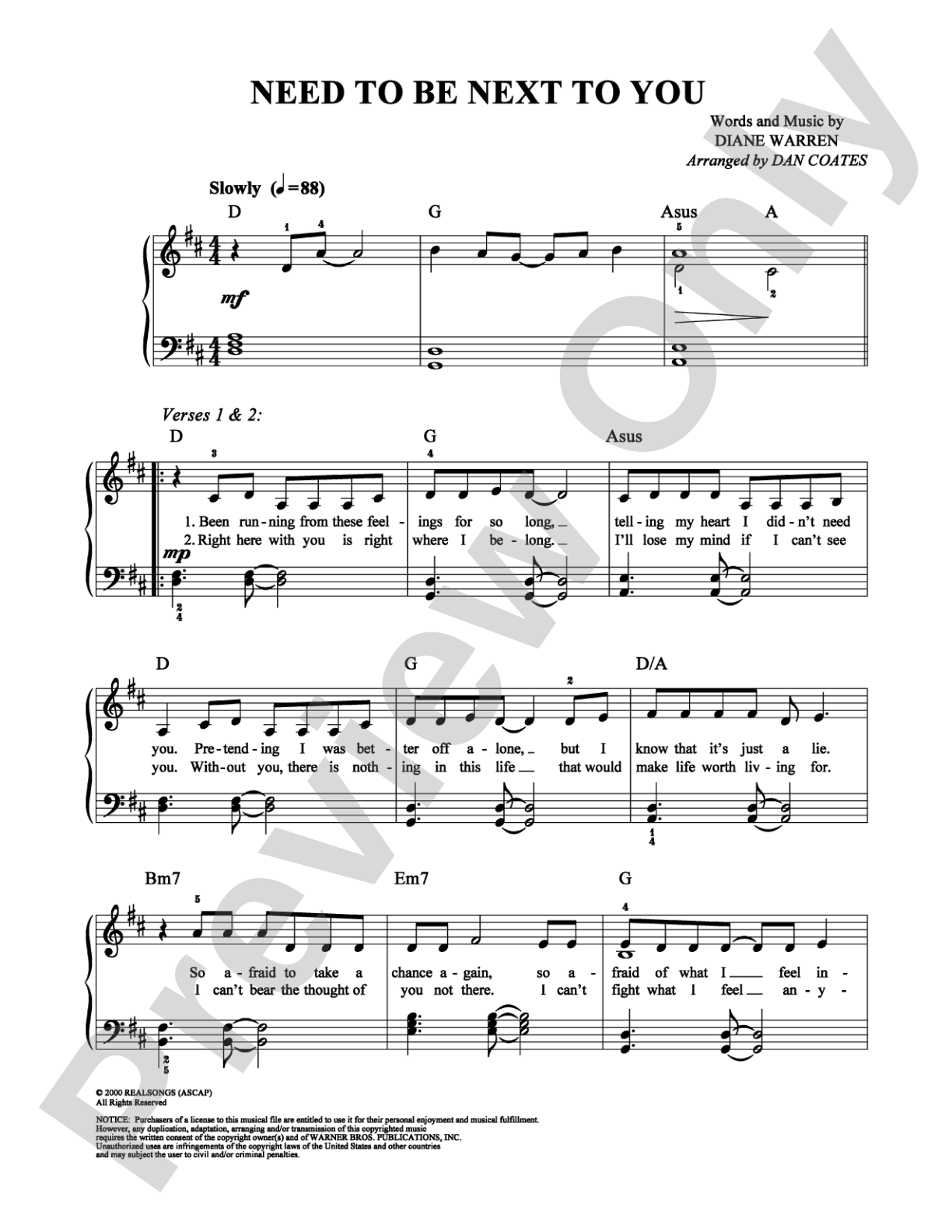 Need to Be Next to You: Easy Piano Digital Sheet Music