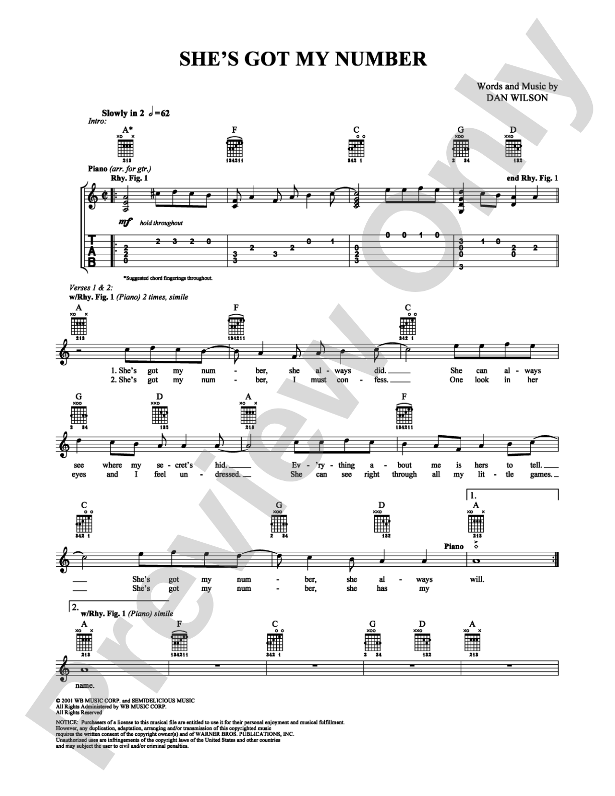 She's Got My Number: Guitar TAB Digital Sheet Music