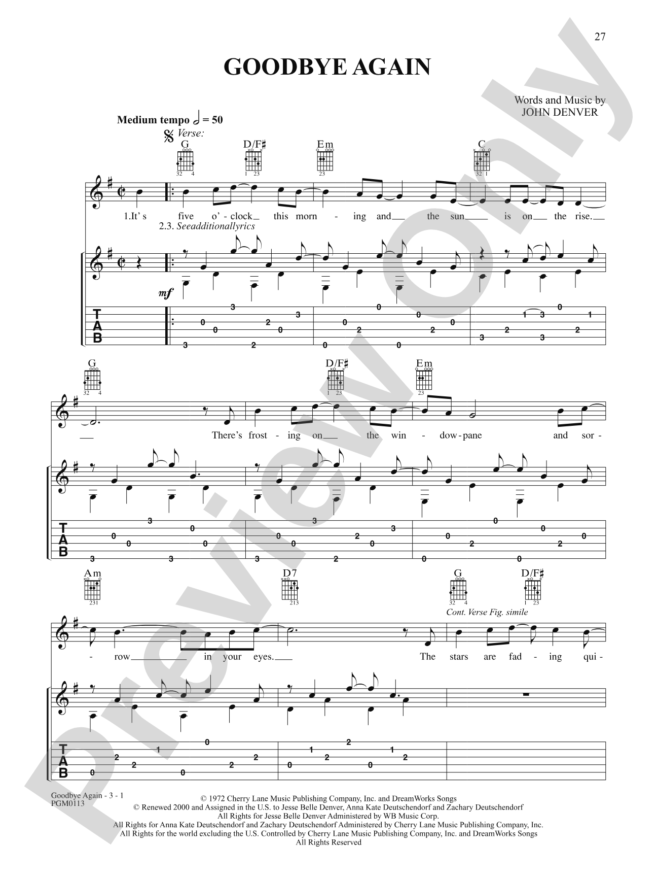 Goodbye Again: Interm./Easy Guitar TAB