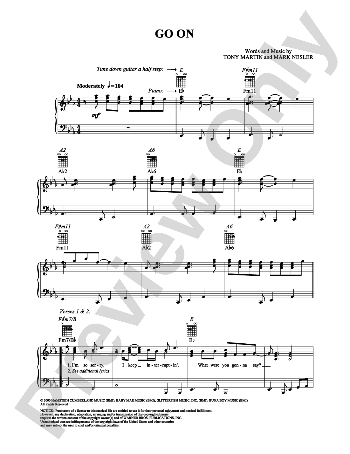 Go On: Piano/Vocal/Chords Digital Sheet Music