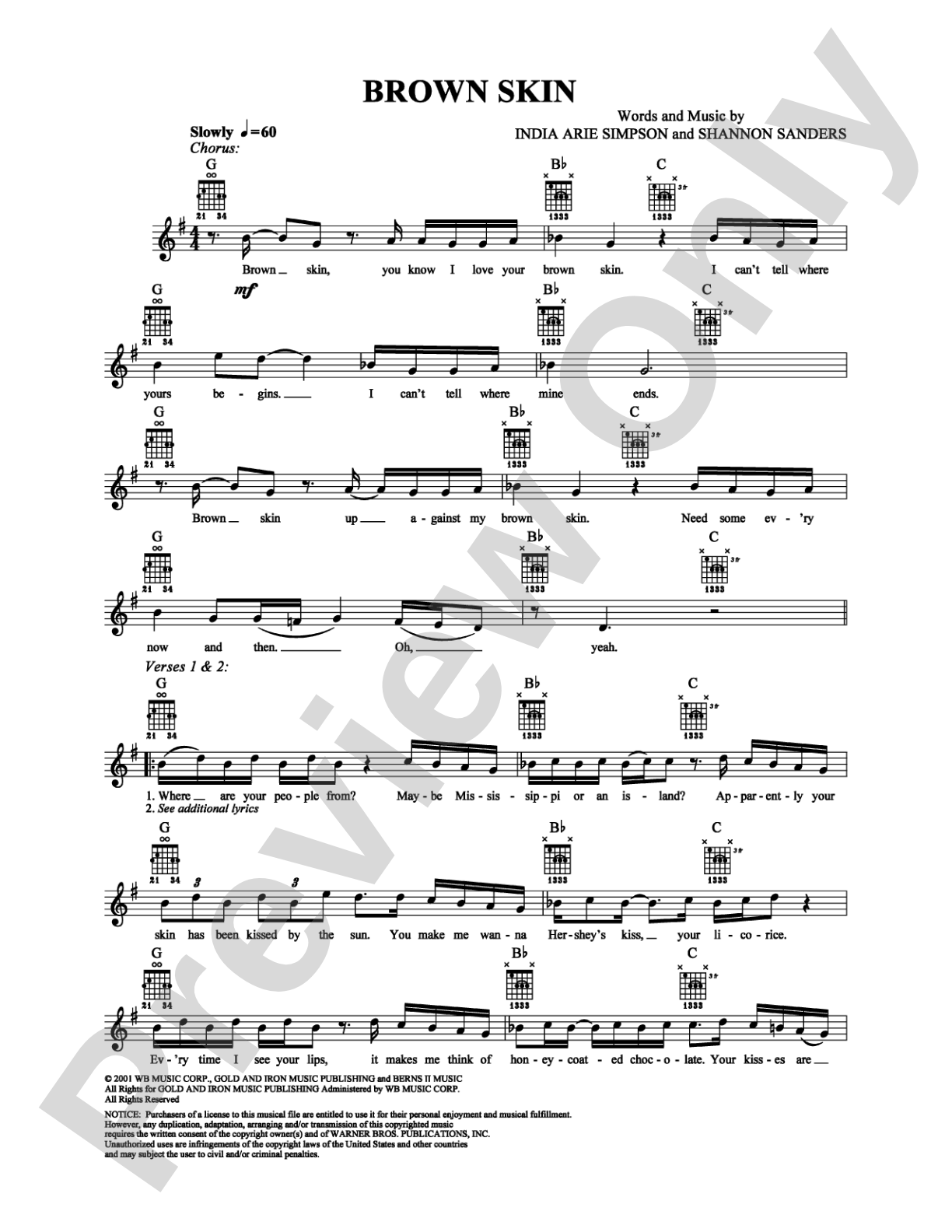 Brown Skin: Easy Guitar Digital Sheet Music