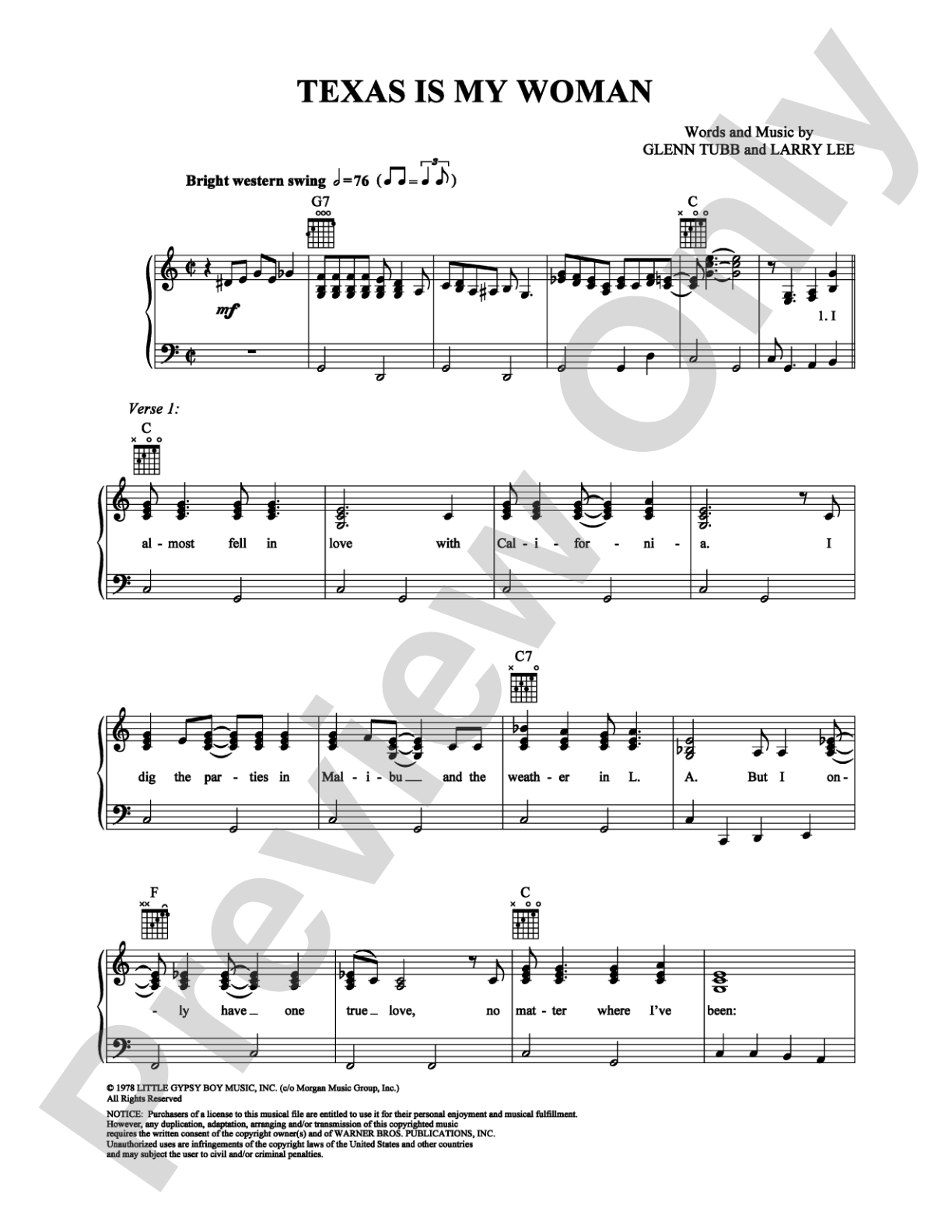 Texas Is My Woman: Piano/Vocal/Chords Digital Sheet Music