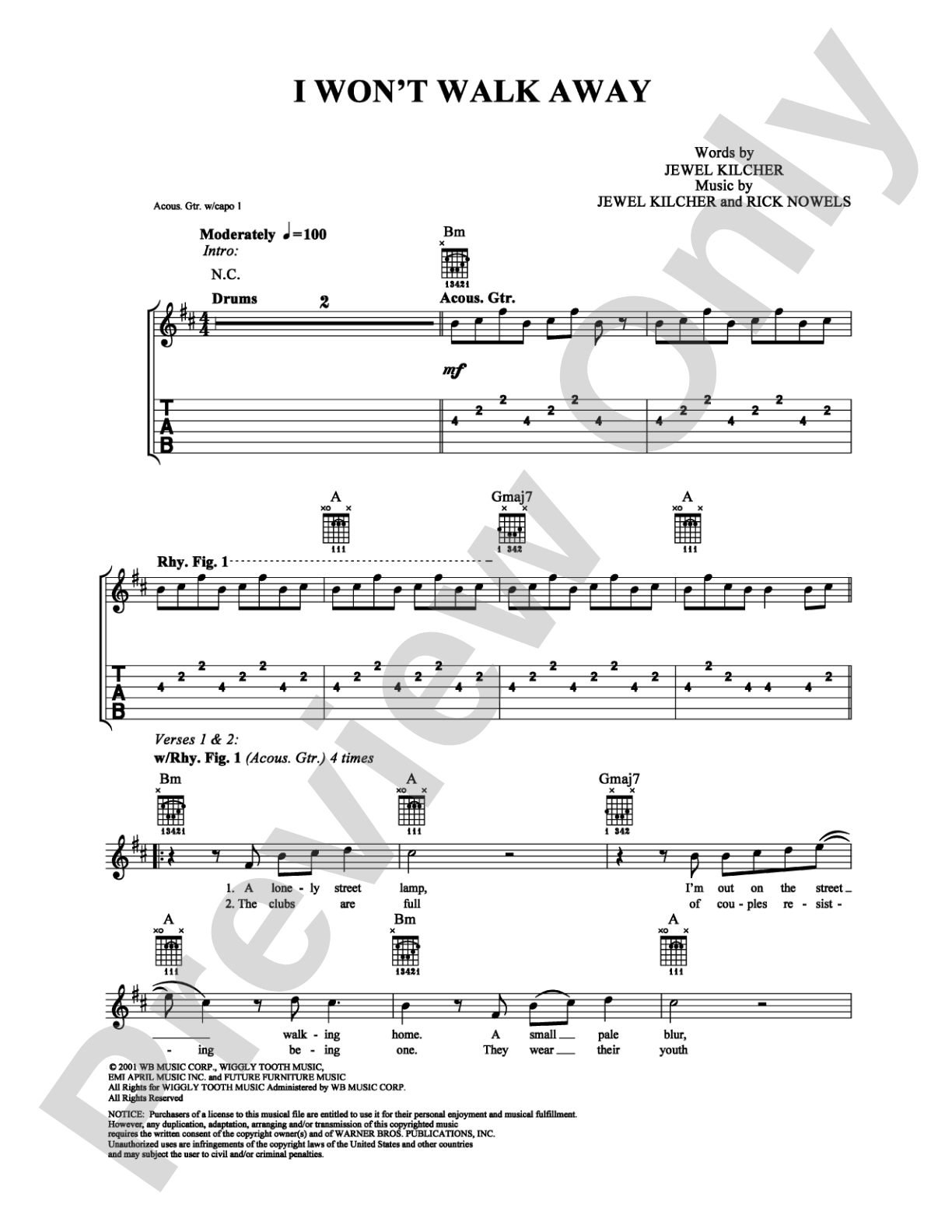 I Won't Walk Away: Guitar TAB Digital Sheet Music