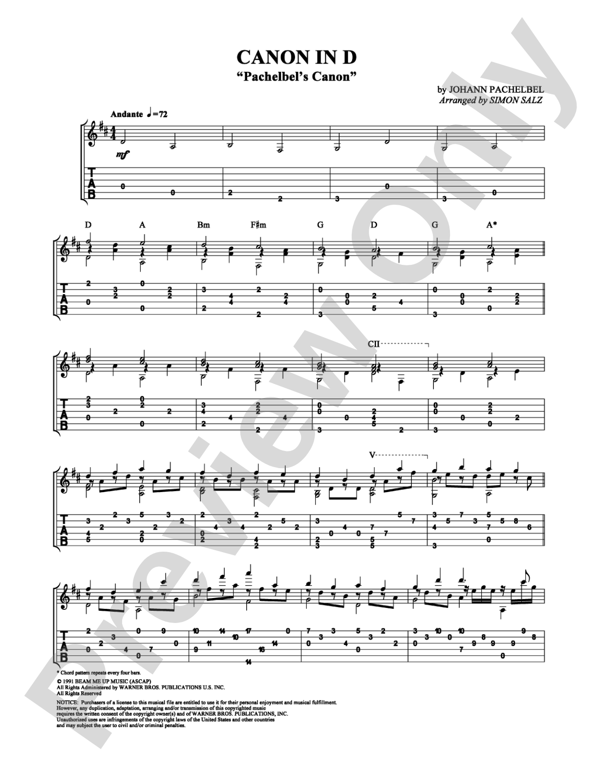 Canon in D: Guitar TAB Digital Sheet Music