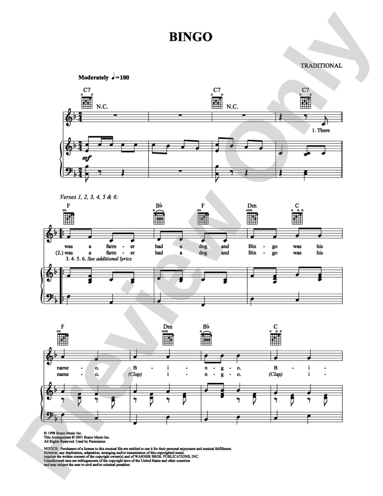 Bingo: Piano/Vocal/Chords Digital Sheet Music