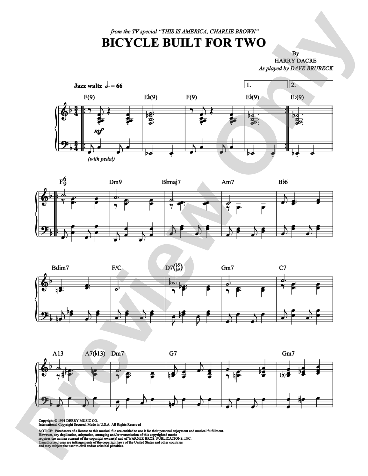Bicycle Built For Two: Piano Digital Sheet Music