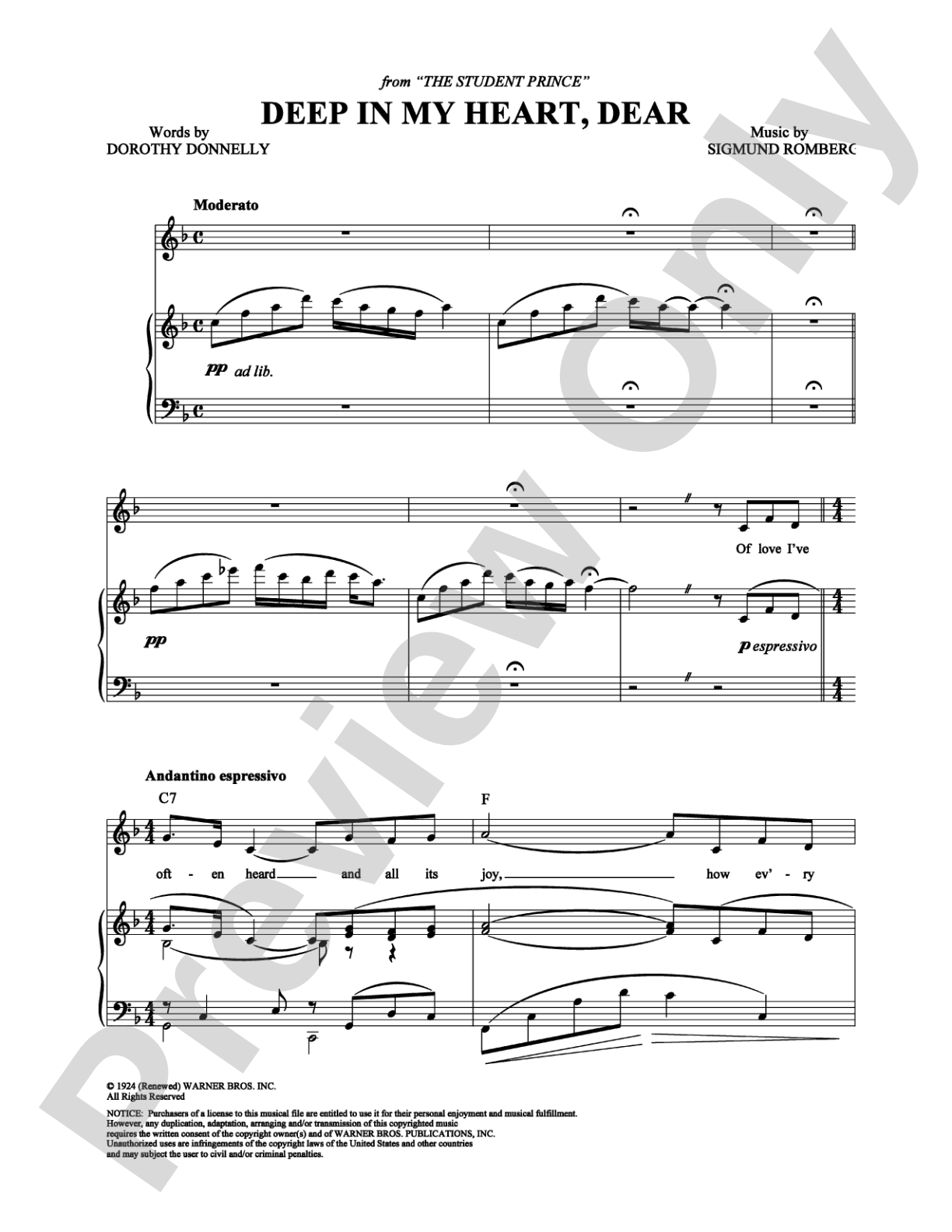 Deep In My Heart, Dear: Piano/Vocal/Chords Digital Sheet Music