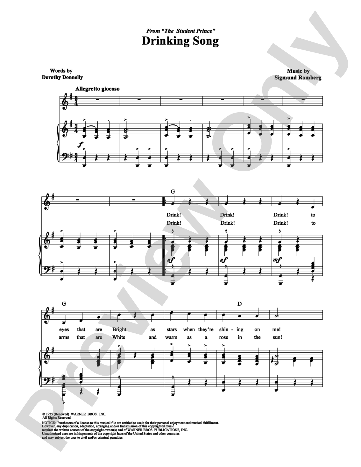 Drinking Song: Piano/Vocal/Chords Digital Sheet Music