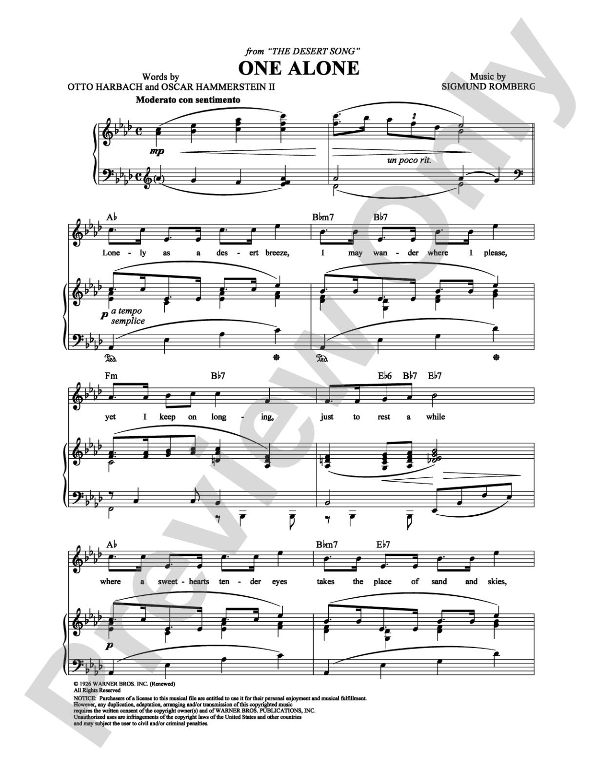 One Alone: Piano/Vocal/Chords Digital Sheet Music
