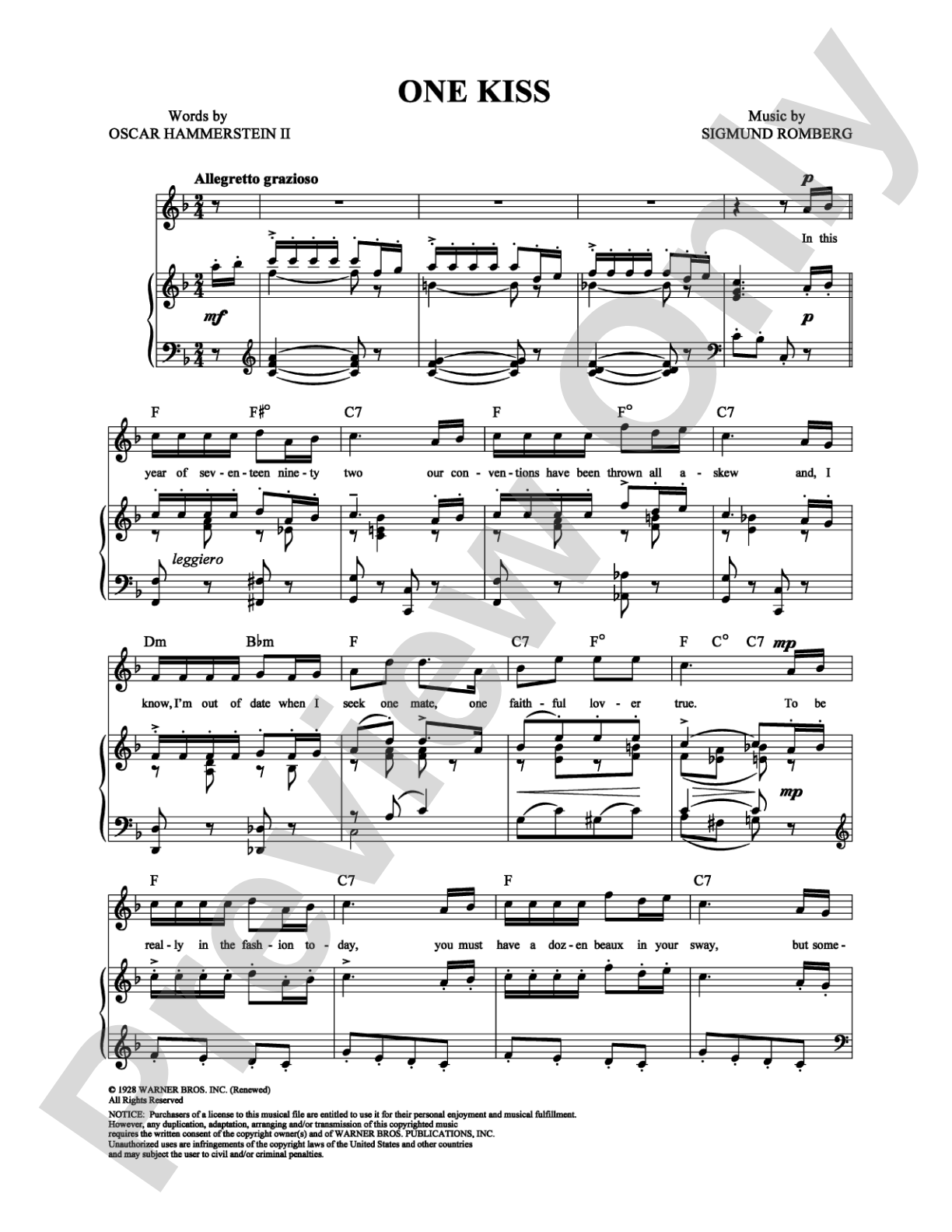 One Kiss: Piano/Vocal/Chords Digital Sheet Music
