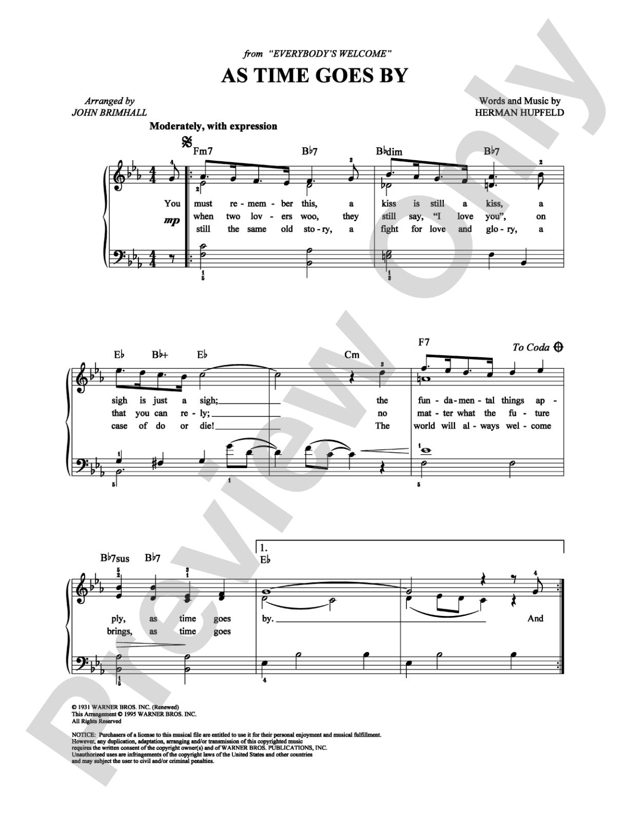 As Time Goes By: Easy Piano Digital Sheet Music